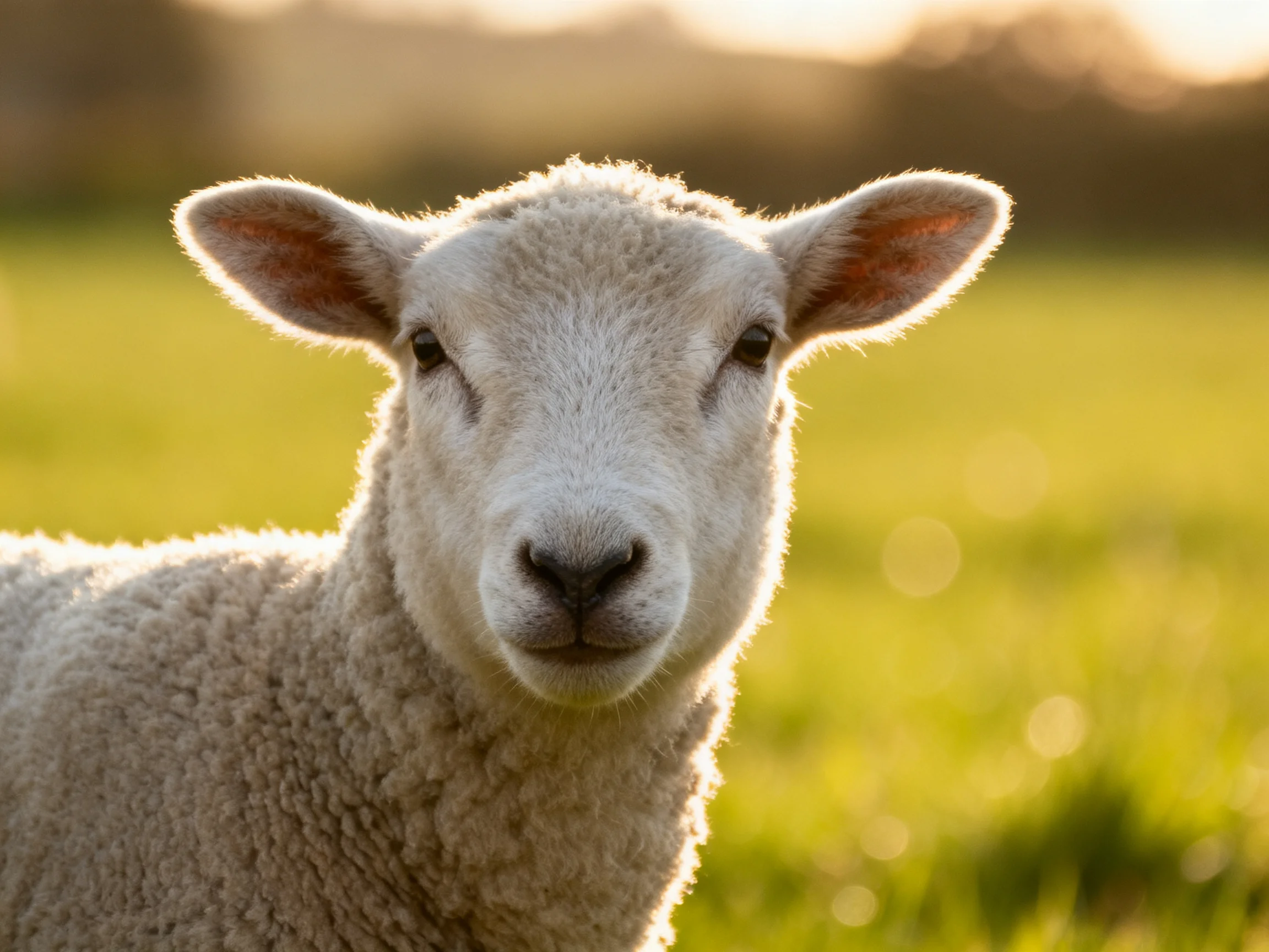 A young sheep stands in a sunlit green pasture.