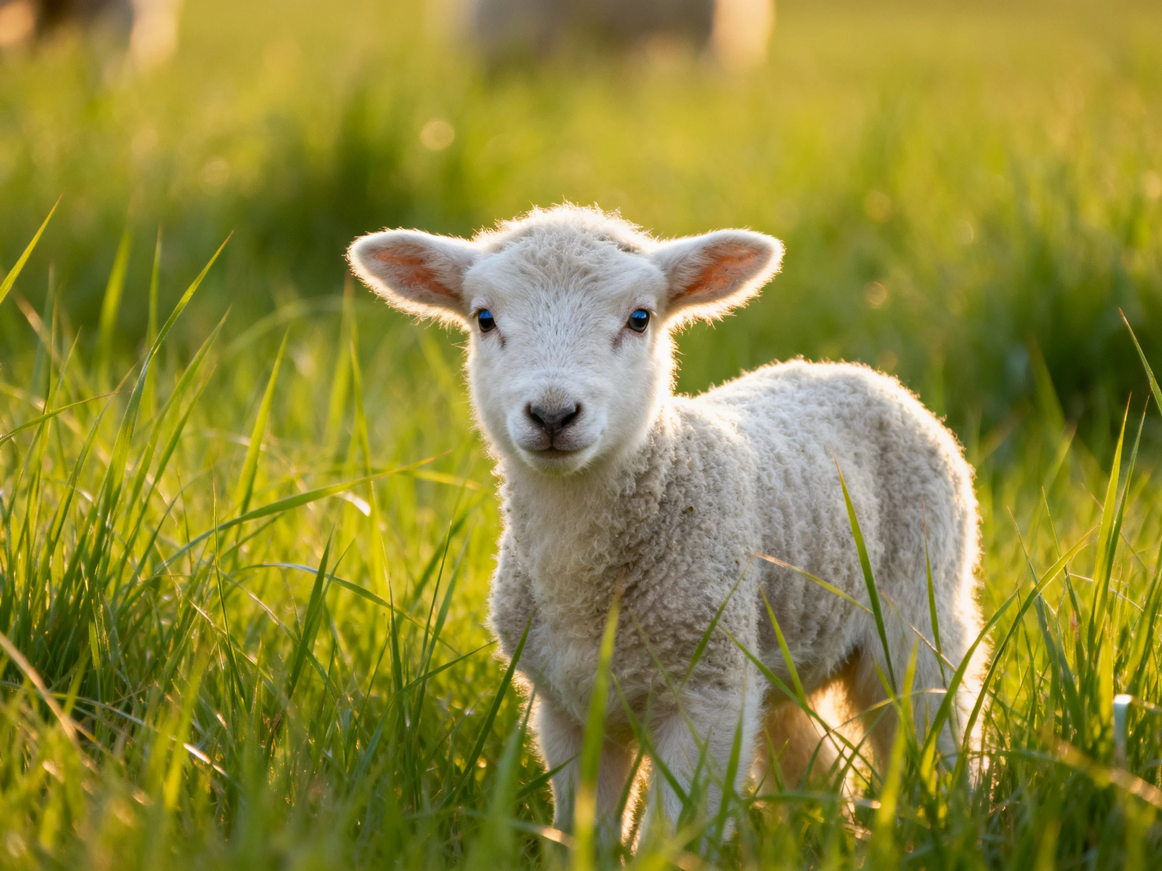 A fluffy white lamb in sunlit green meadow