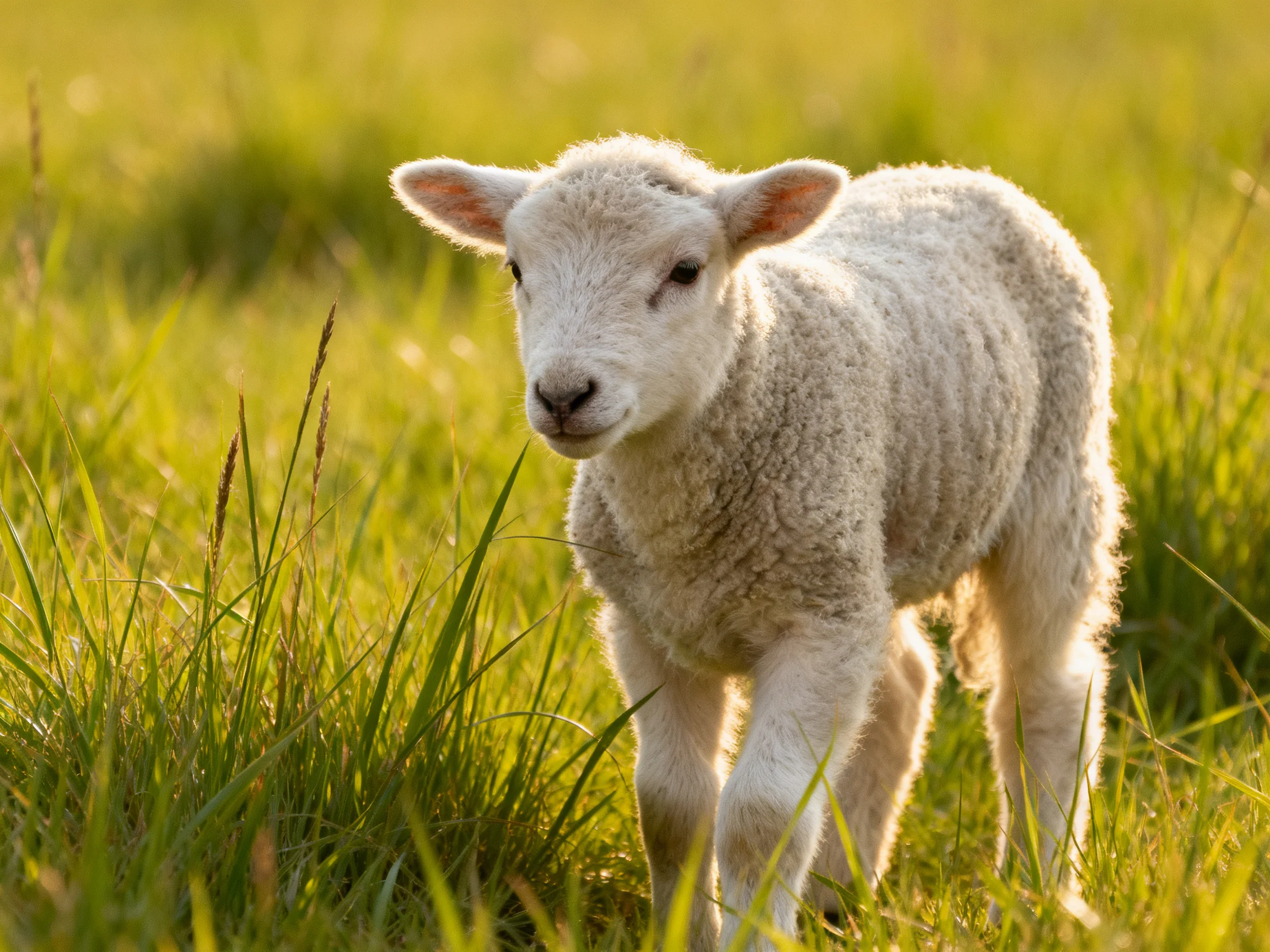 A young sheep stands in a sunlit grassy field.