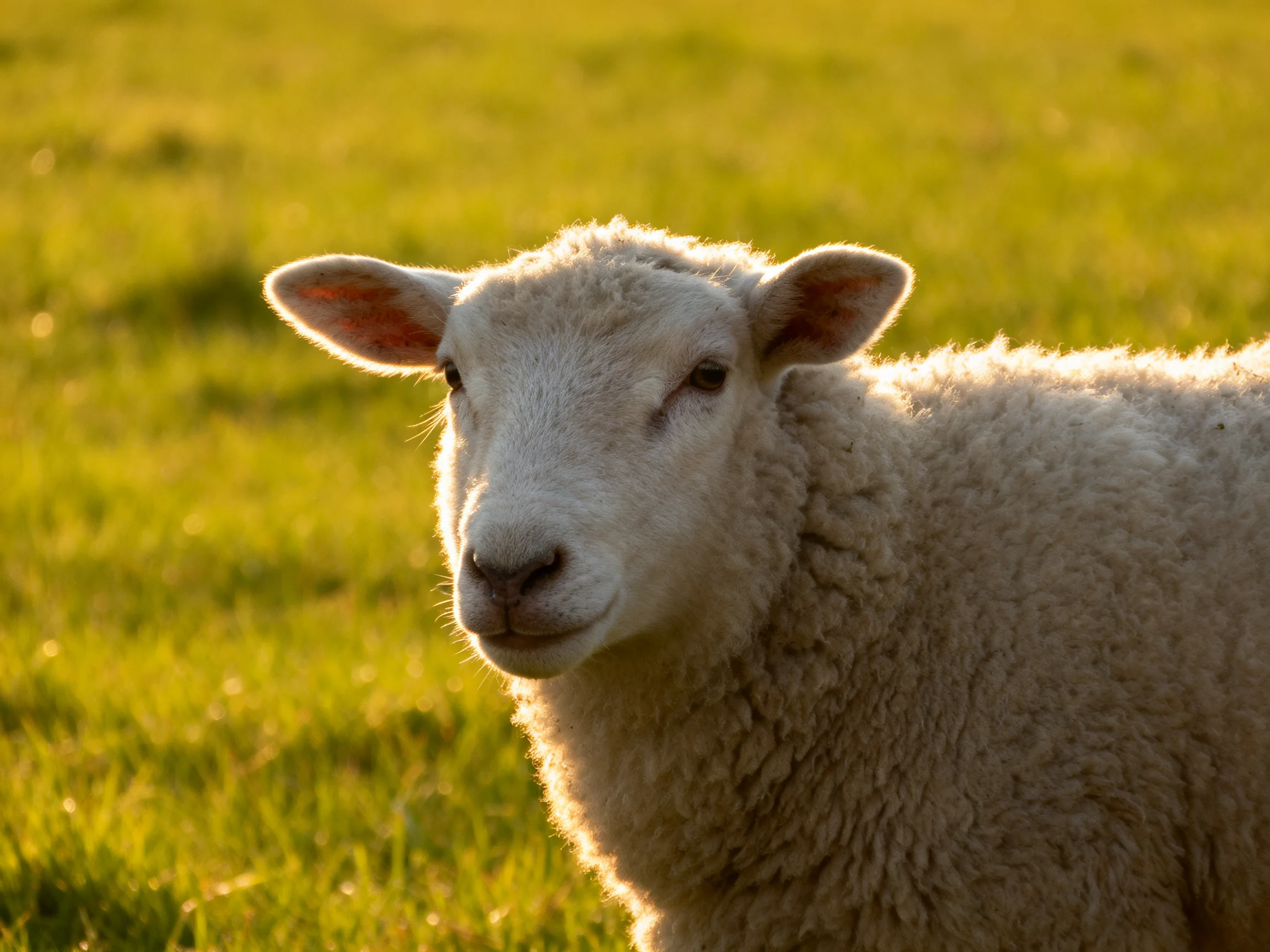 A young sheep stands in a sunlit grassy field.