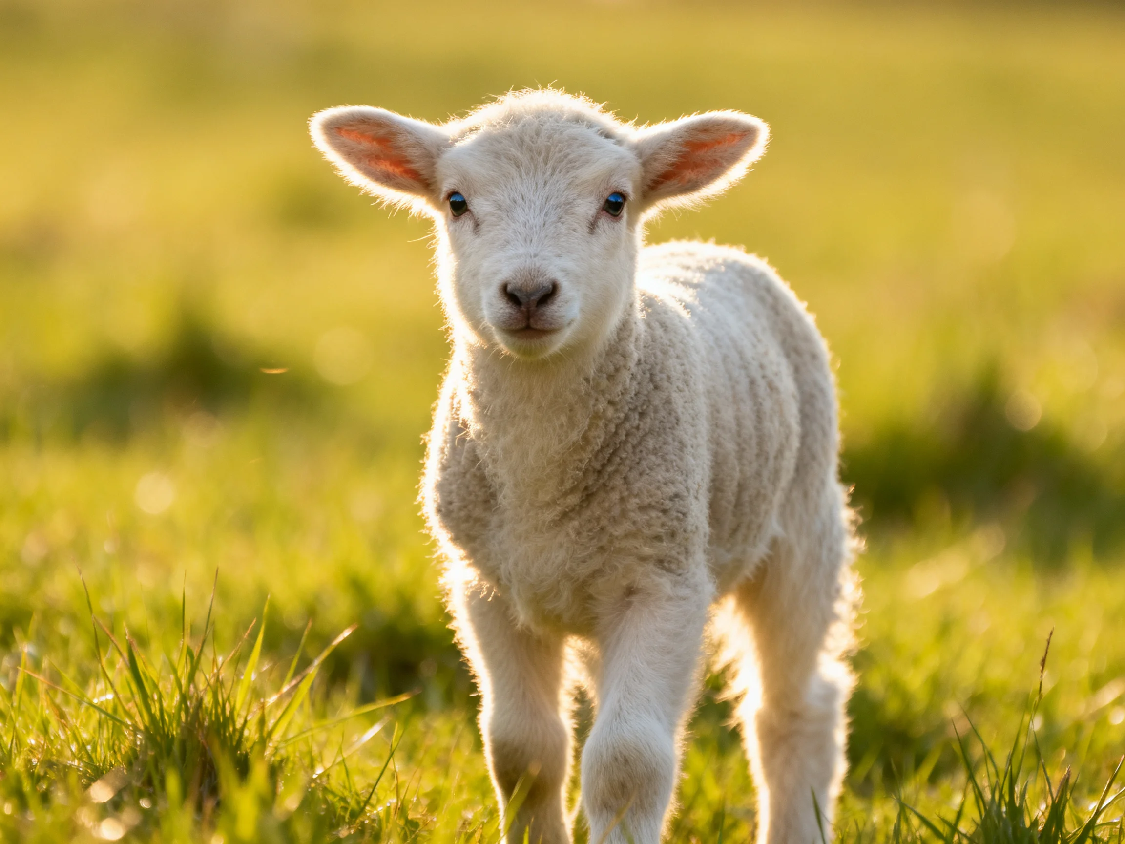 A fluffy white lamb in sunlit green pasture