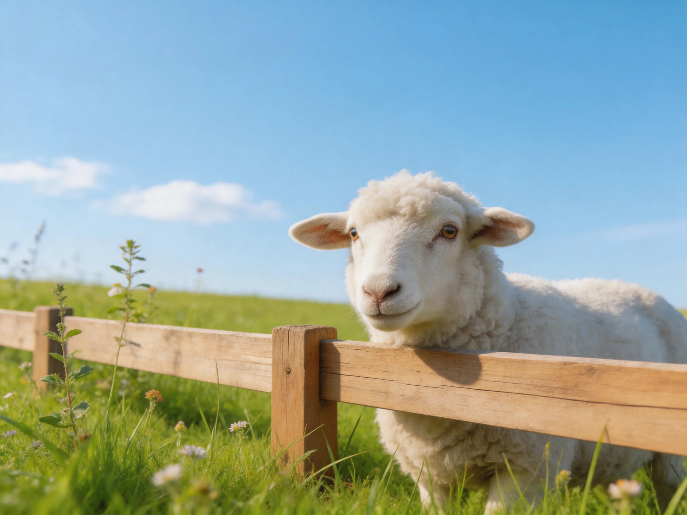 A fluffy white lamb leans over a wooden fence in a sunny meadow