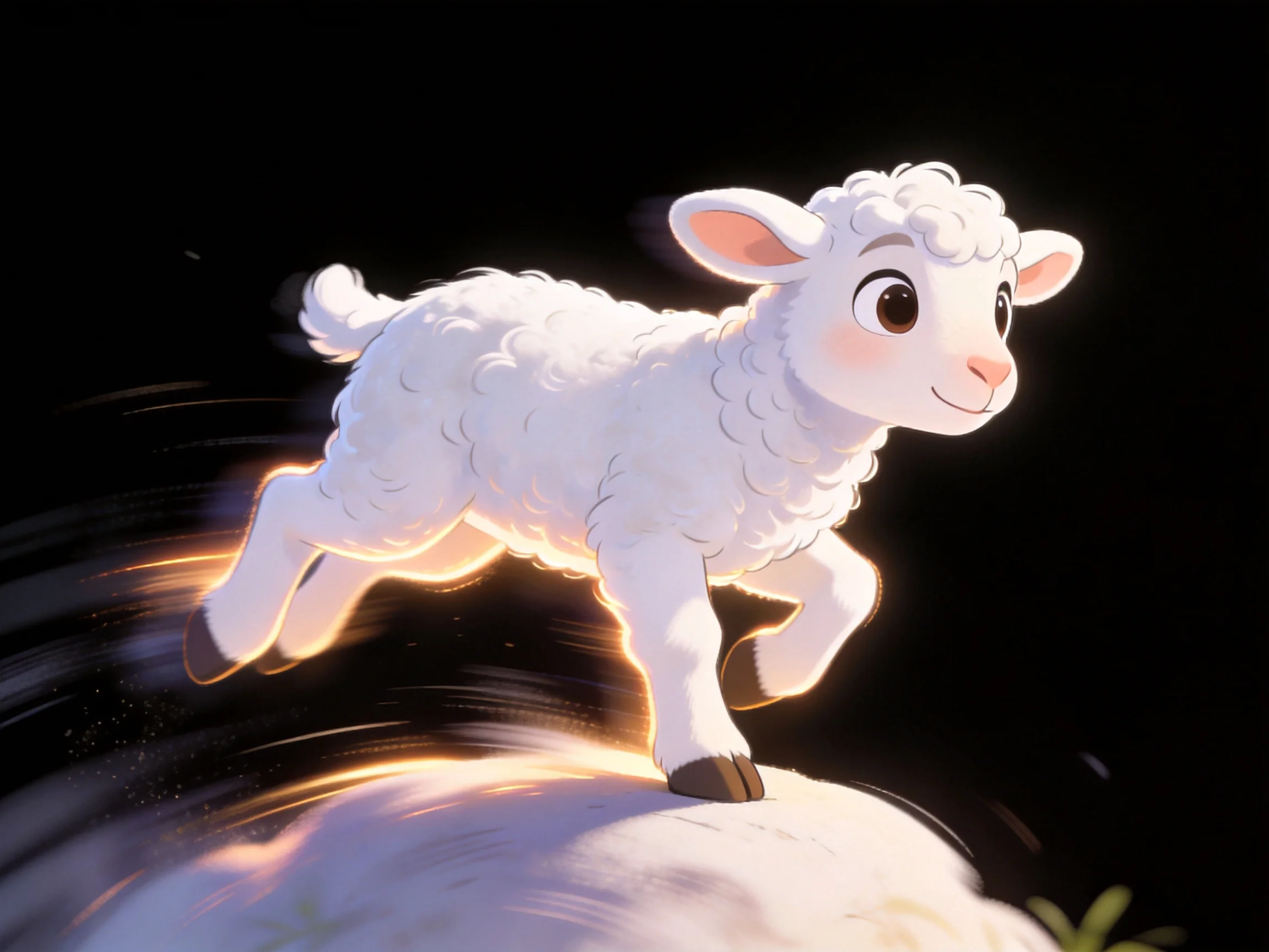 A fluffy white lamb leaping with golden motion trails