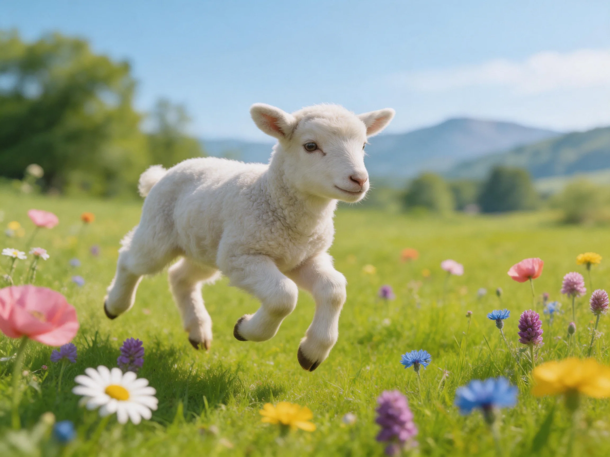 A fluffy white lamb leaps through a colorful flower-filled meadow