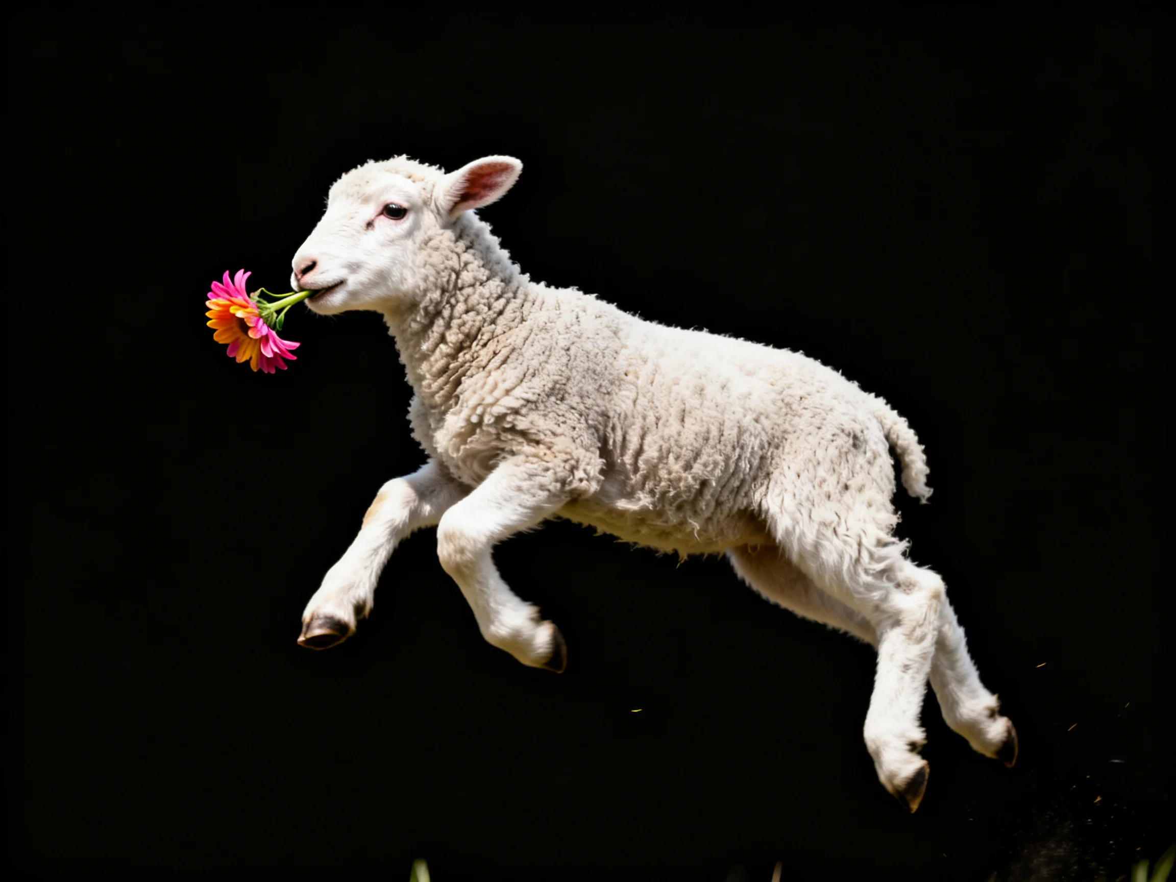 A fluffy white lamb leaps while holding colorful blooms