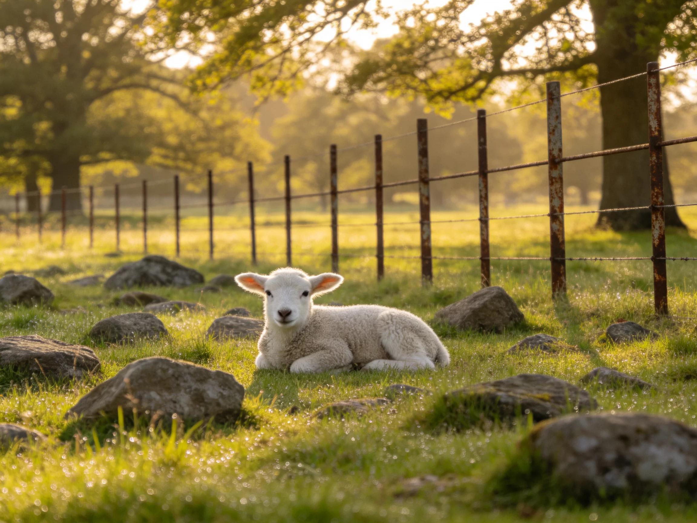 A fluffy white lamb lies among rocks beside a rusty fence in a sunlit field.