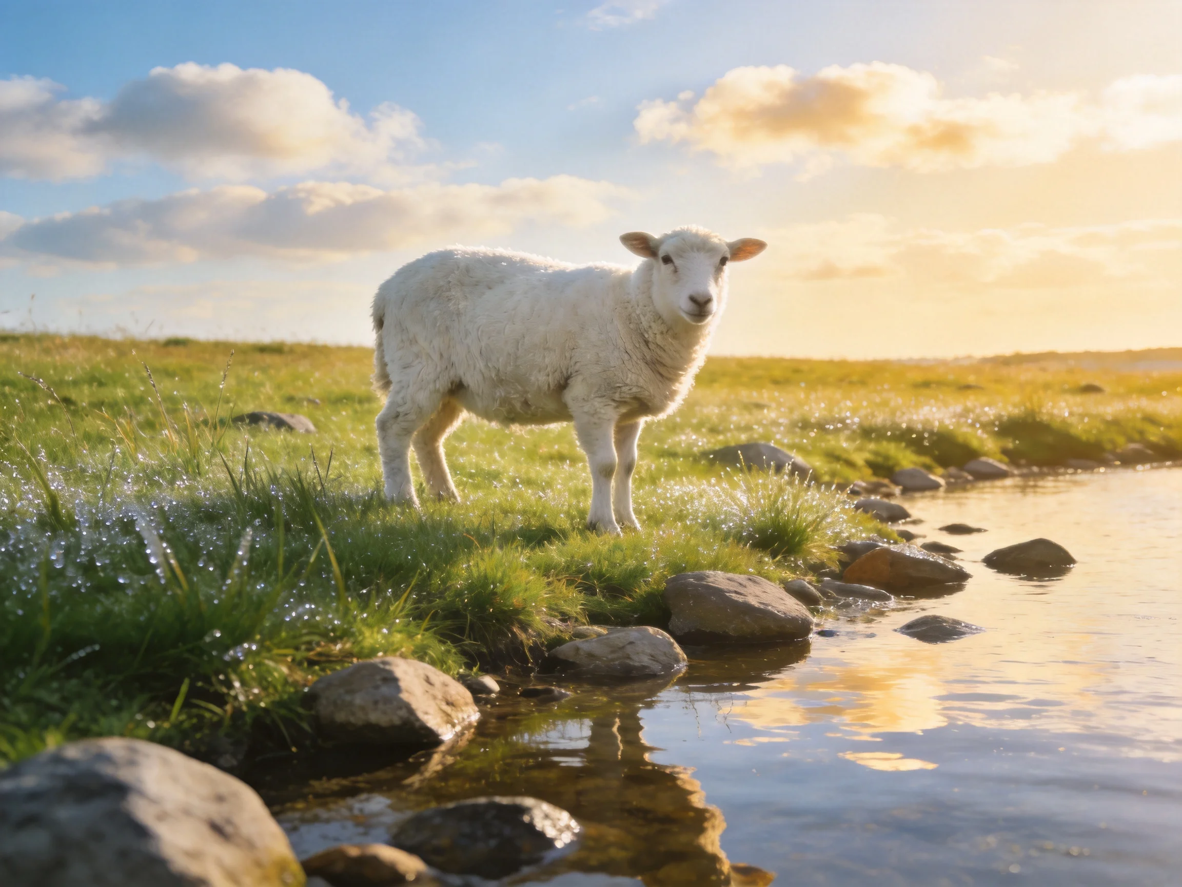 A fluffy white lamb near a calm stream with golden sunlight