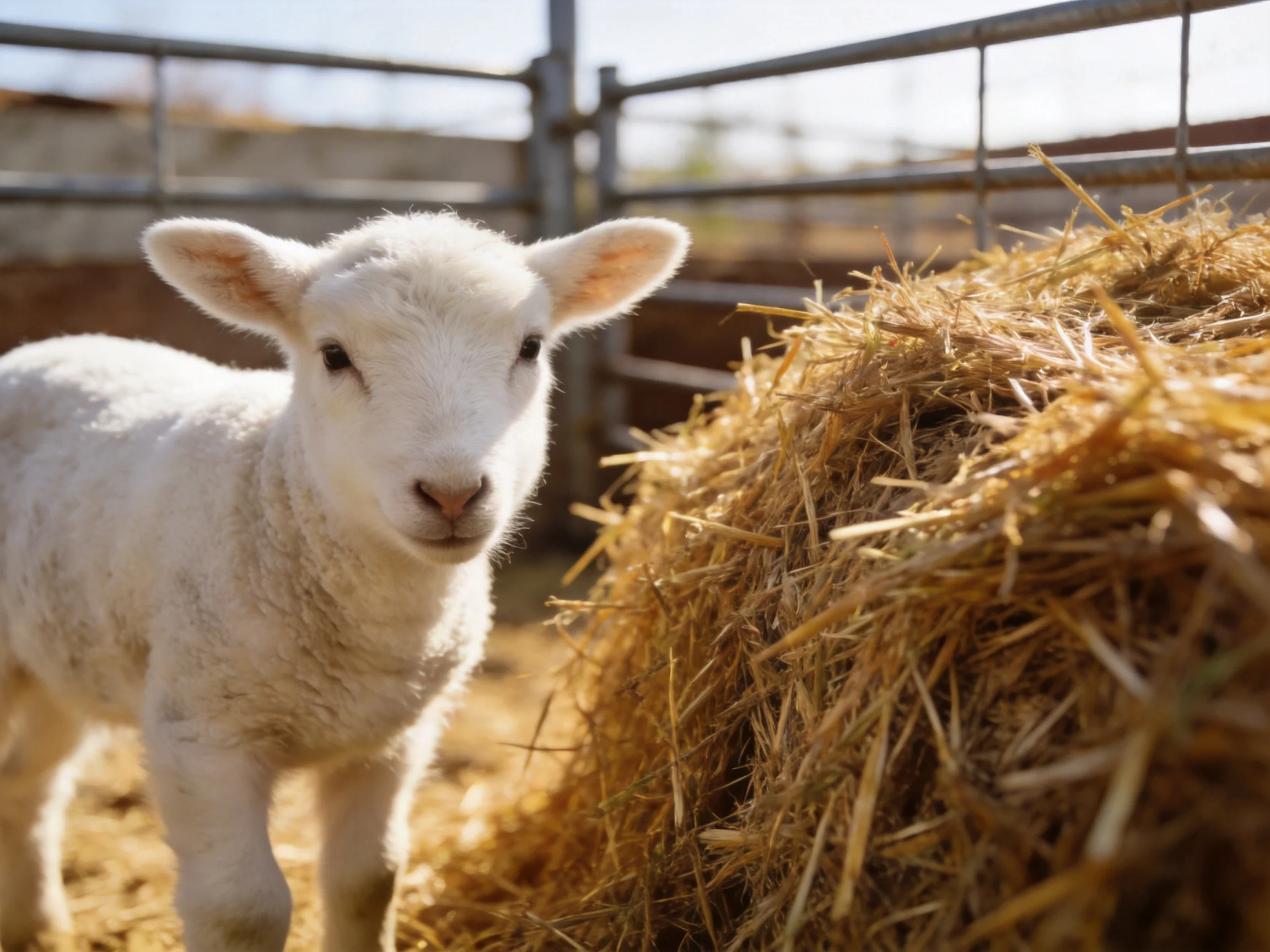 A fluffy white lamb near a large hay bale in a fenced farm area