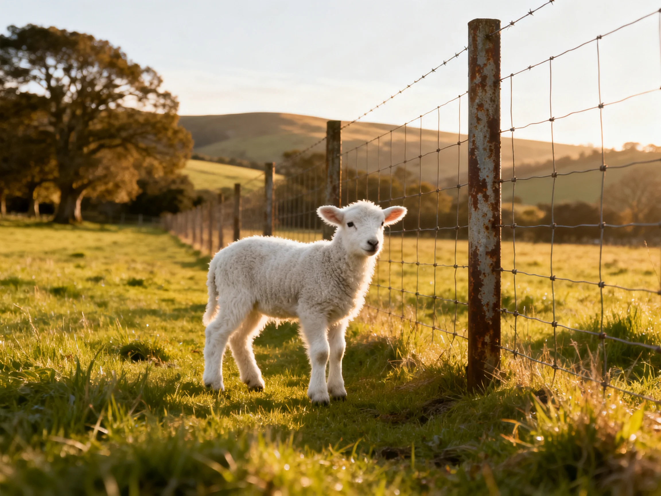 A fluffy white lamb near a rusty fence in a sunlit pasture