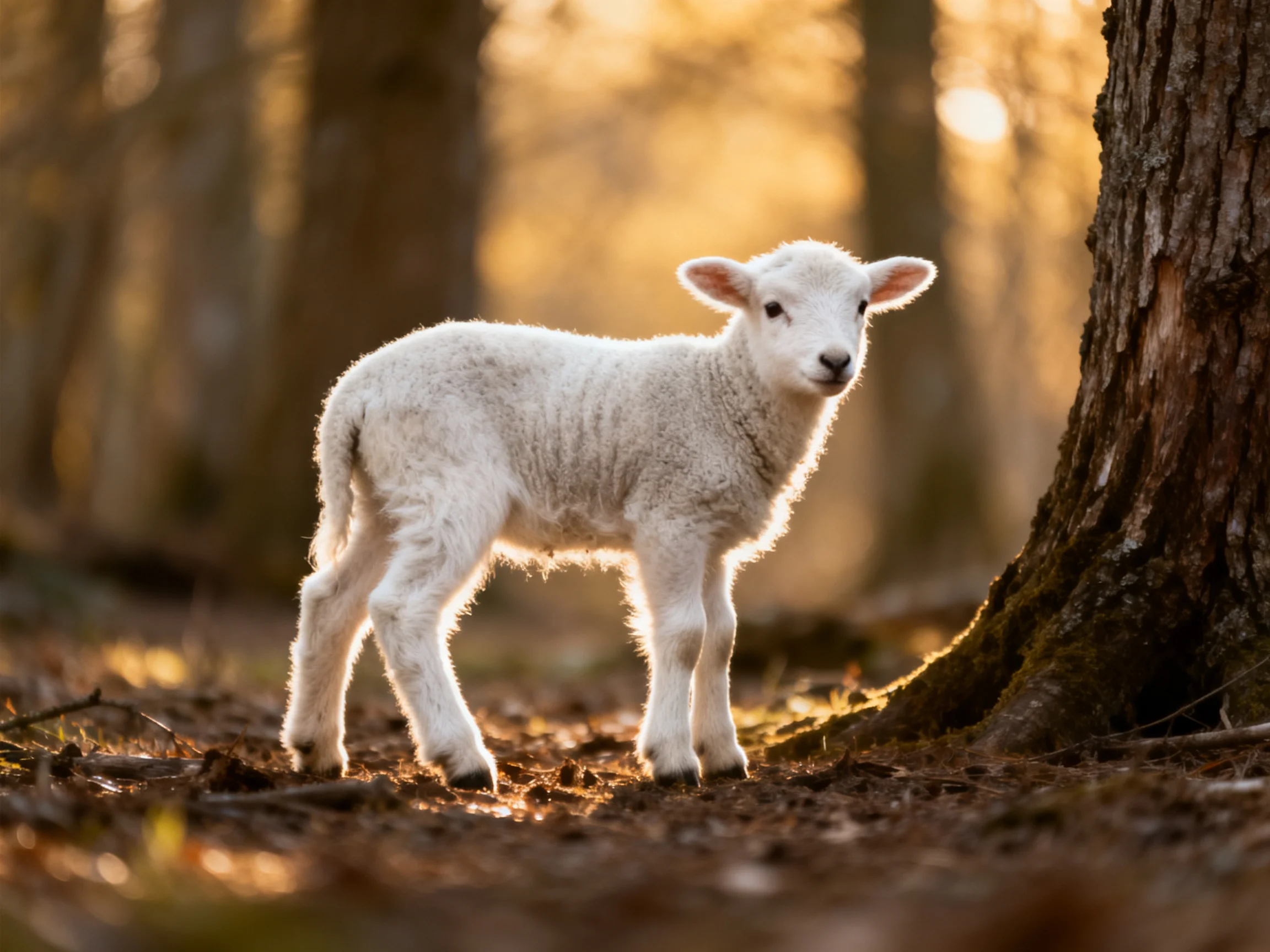 A young sheep stands beside a tree in sunlit woodland.