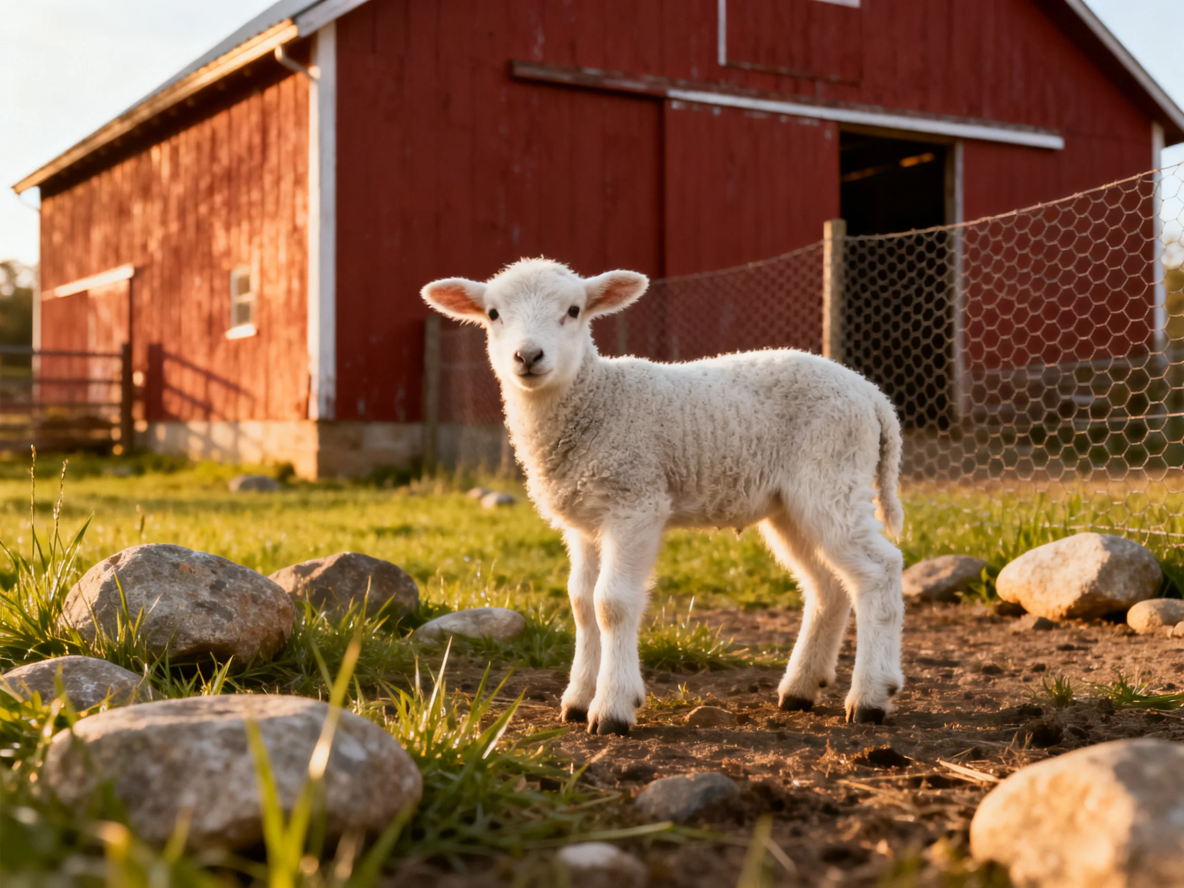 A fluffy white lamb near a weathered red barn with stones
