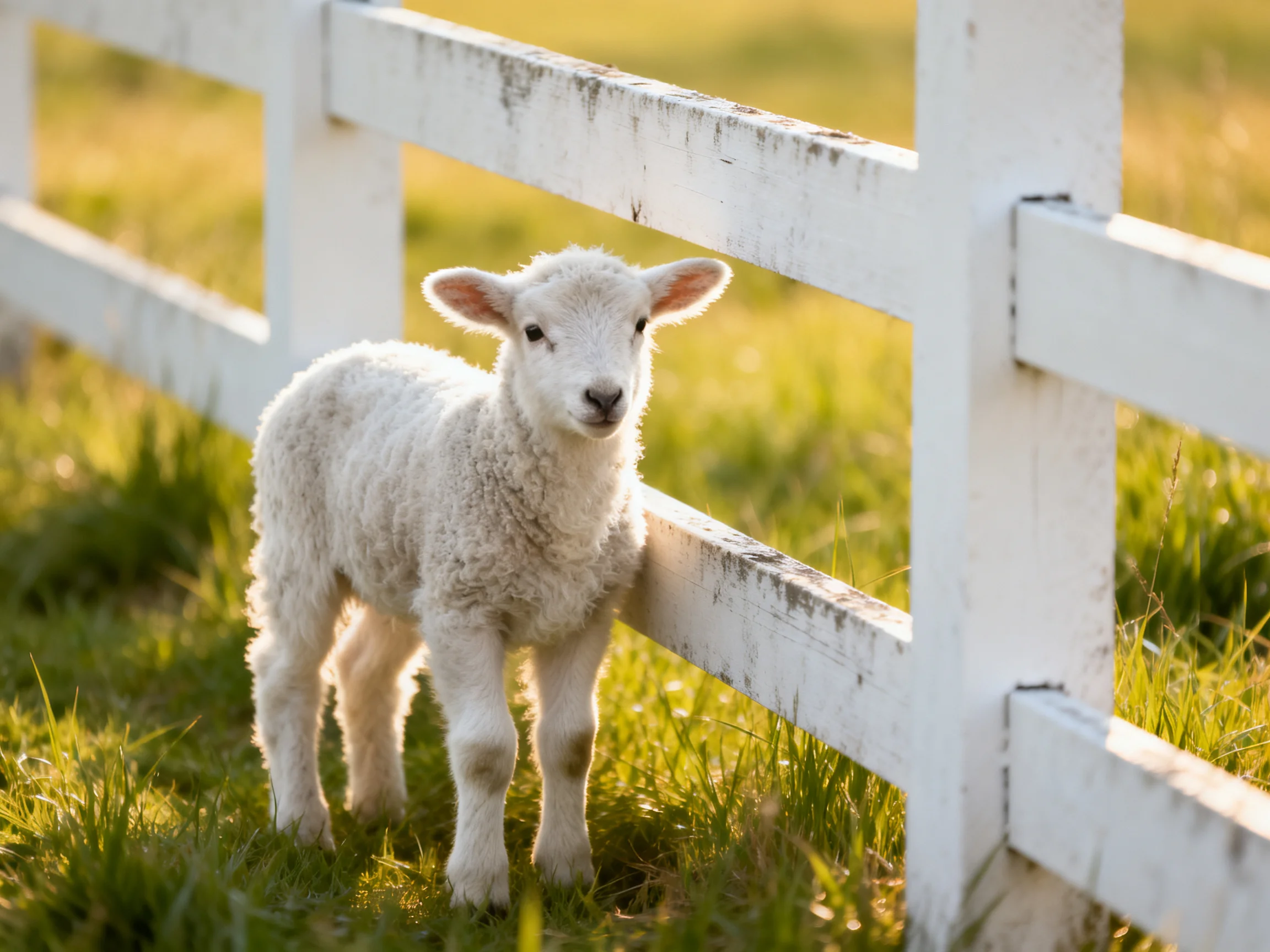 A fluffy white lamb near a weathered white wooden fence in a sunlit field