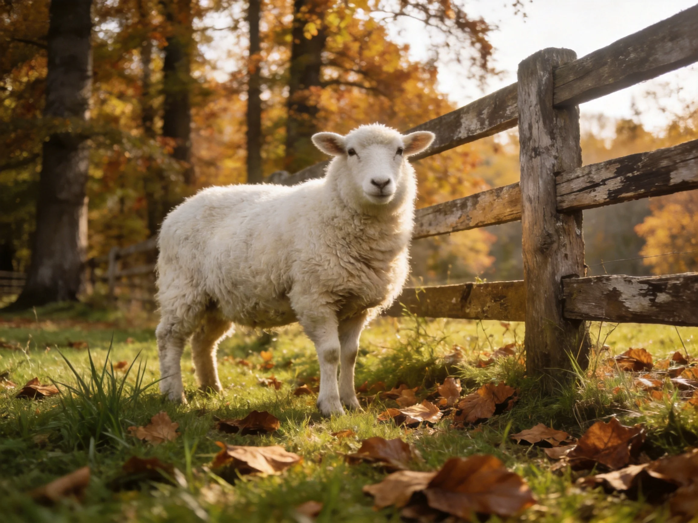 A fluffy white lamb near a weathered wooden fence in autumn
