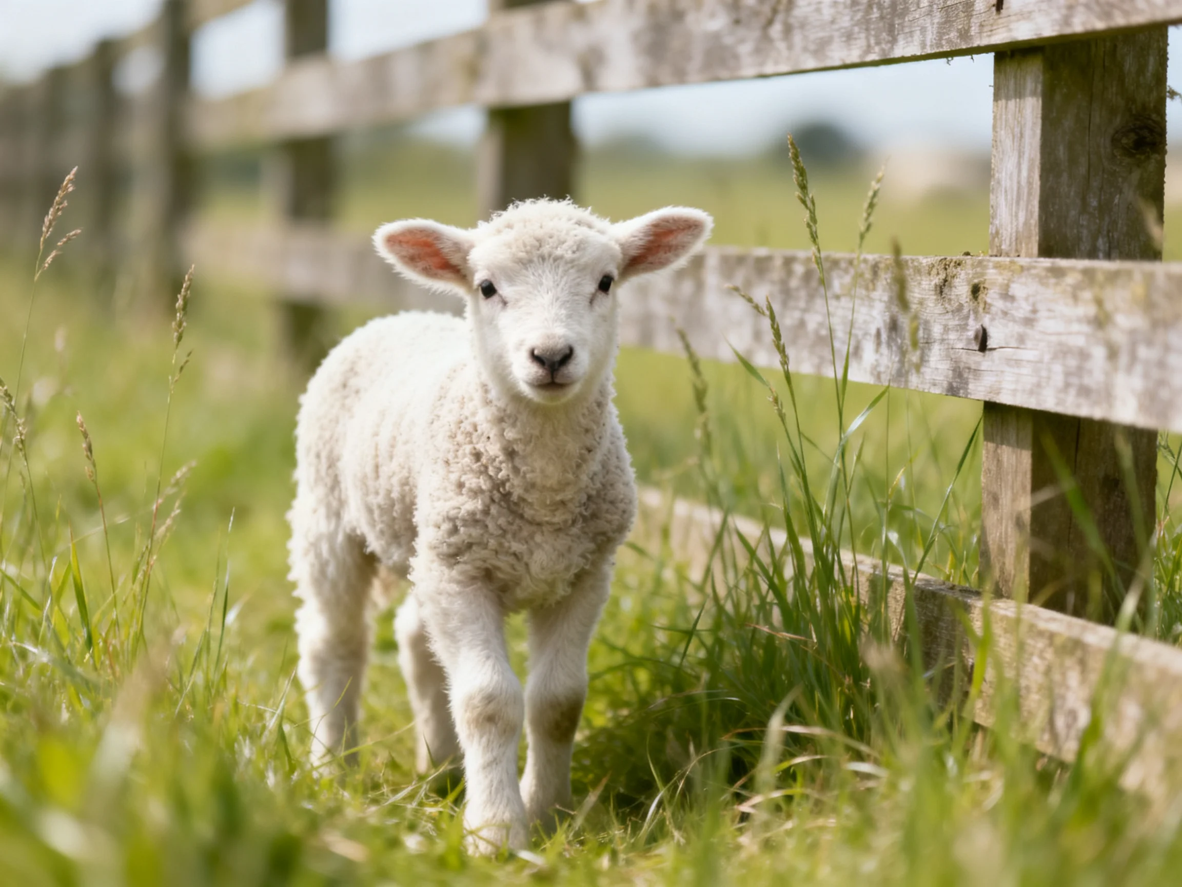A fluffy white lamb near a weathered wooden fence in tall green grass
