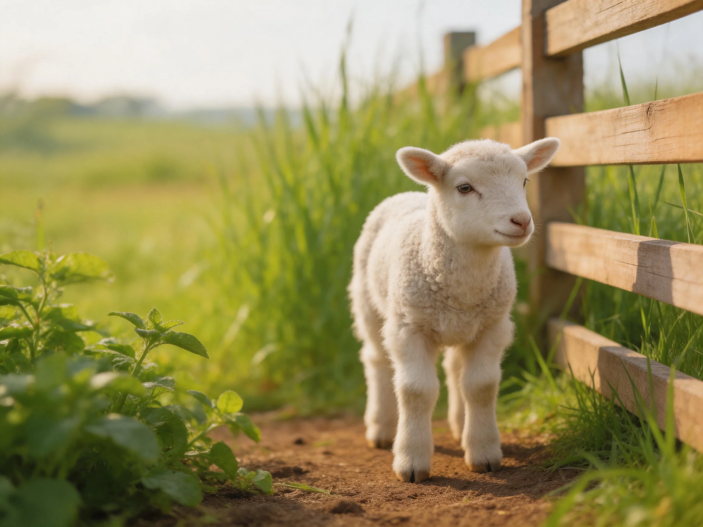 A young white lamb stands beside a wooden fence in a sunlit green field.