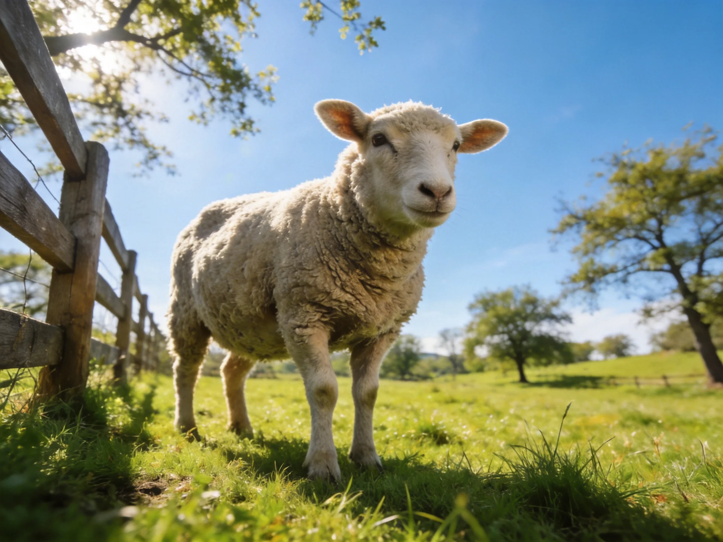 A white lamb stands in a sunlit meadow beside a wooden fence.
