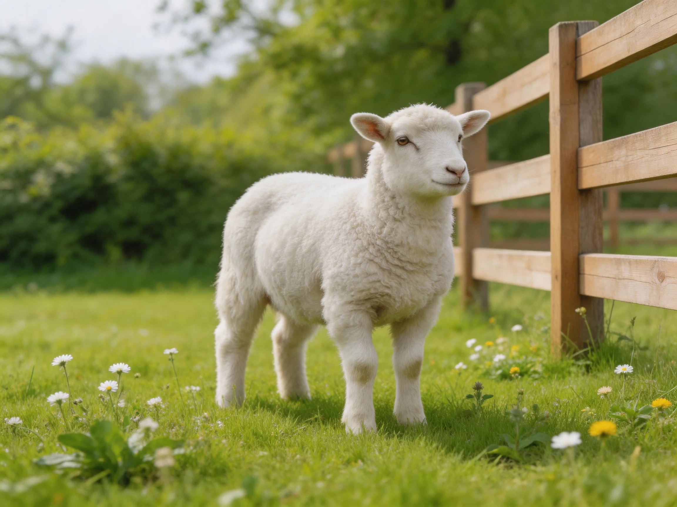 A fluffy white lamb near a wooden fence on green grass
