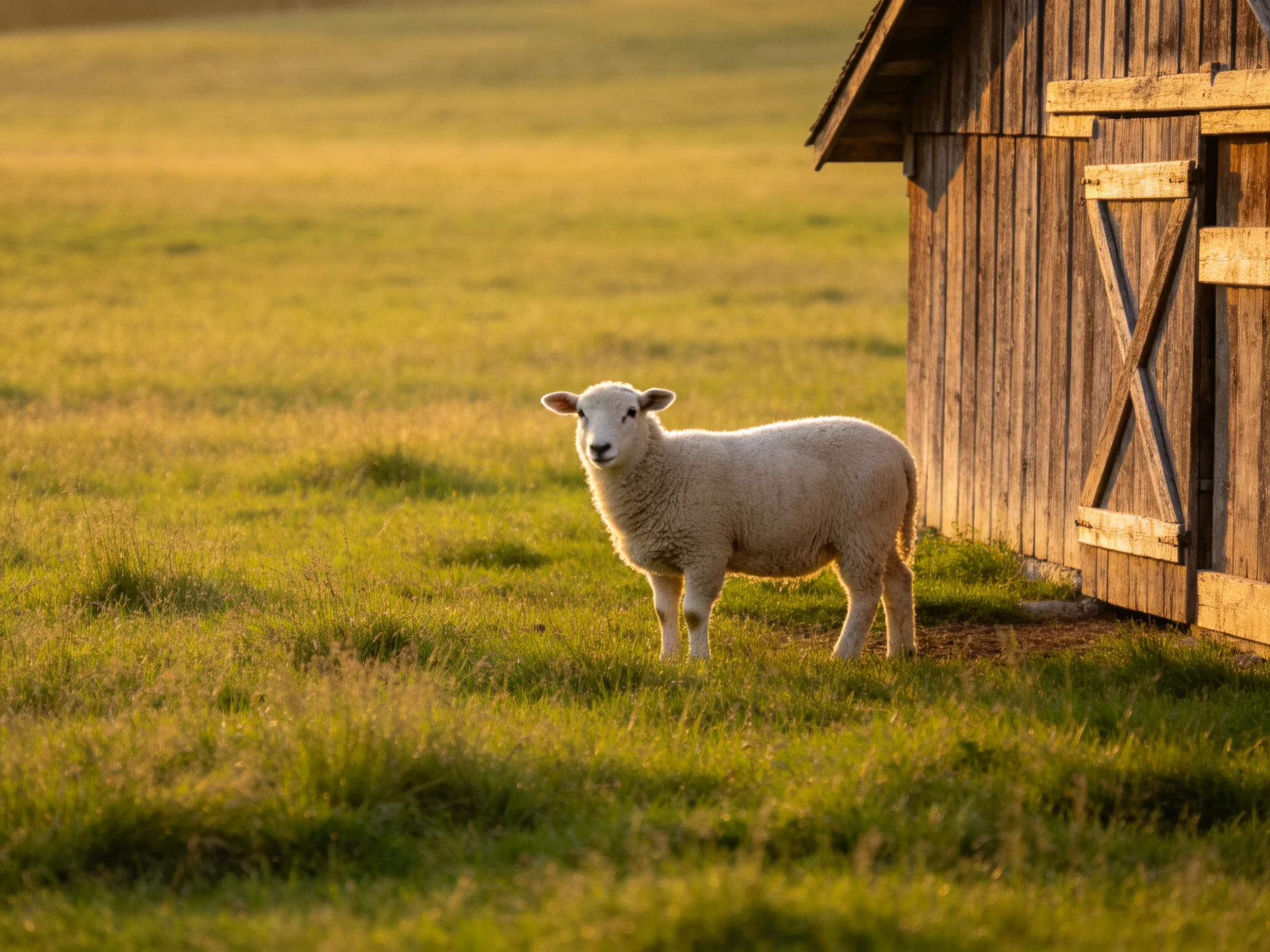 A fluffy white lamb near an aged wooden barn in a golden field