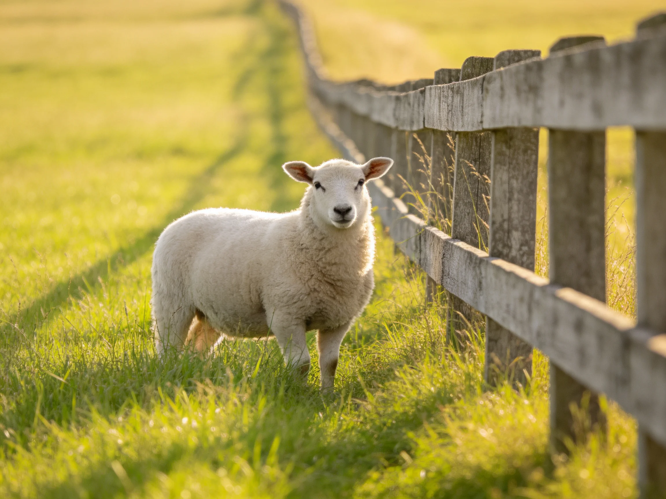 A fluffy white lamb near an aged wooden fence in lush green grass