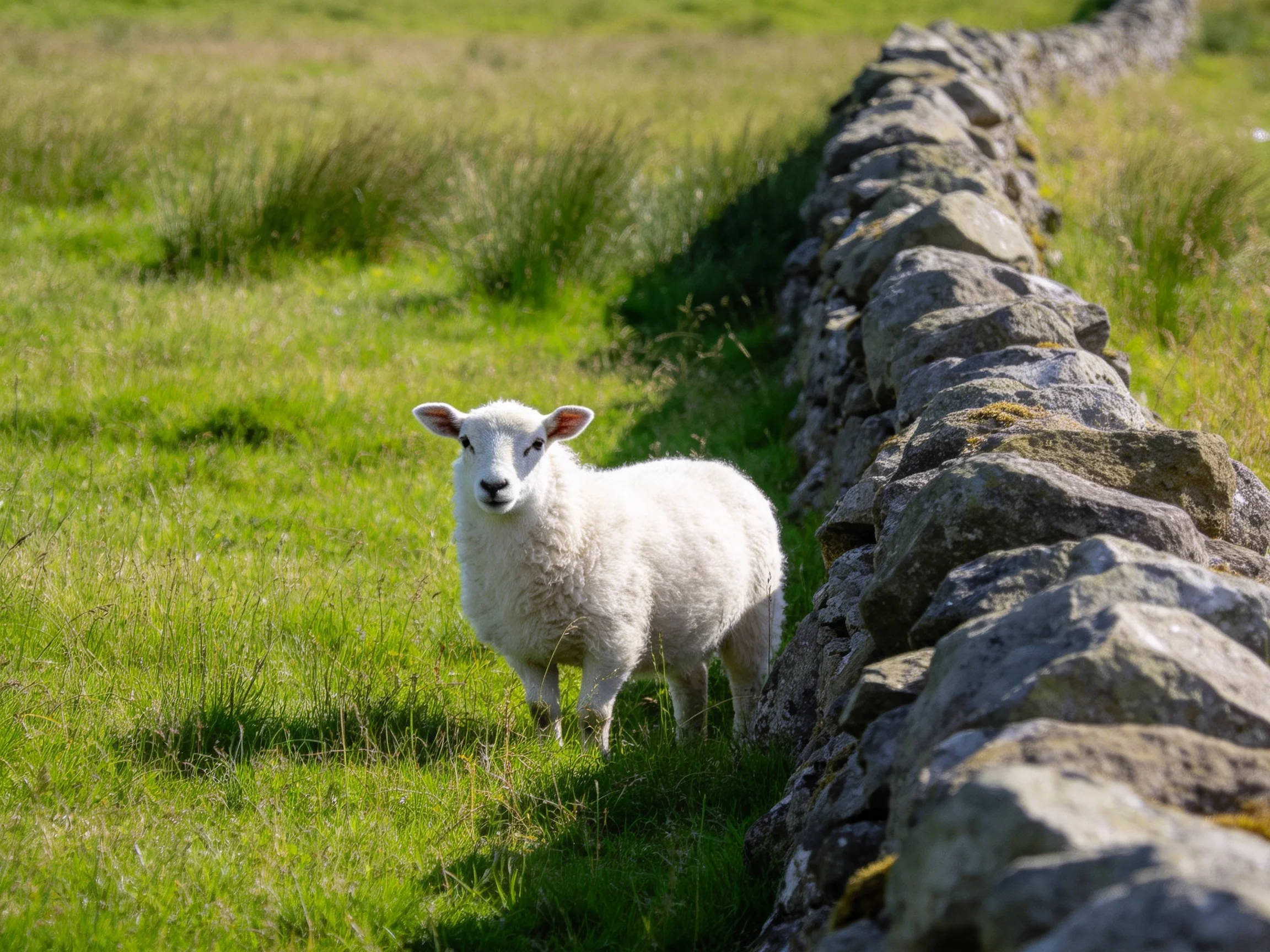 A fluffy white lamb near an old stone wall in a lush green meadow