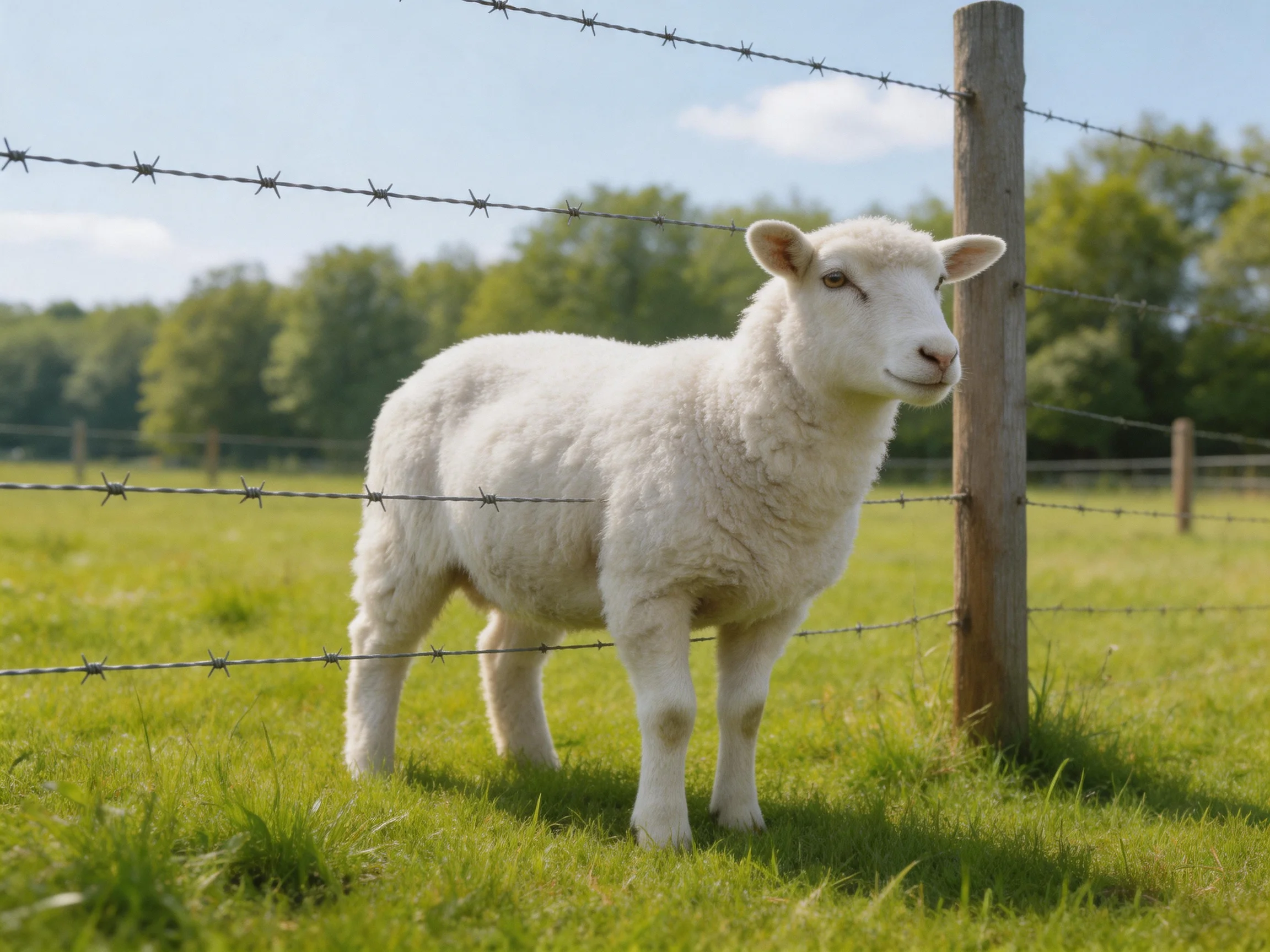 A fluffy white lamb near barbed wire fence in green pasture