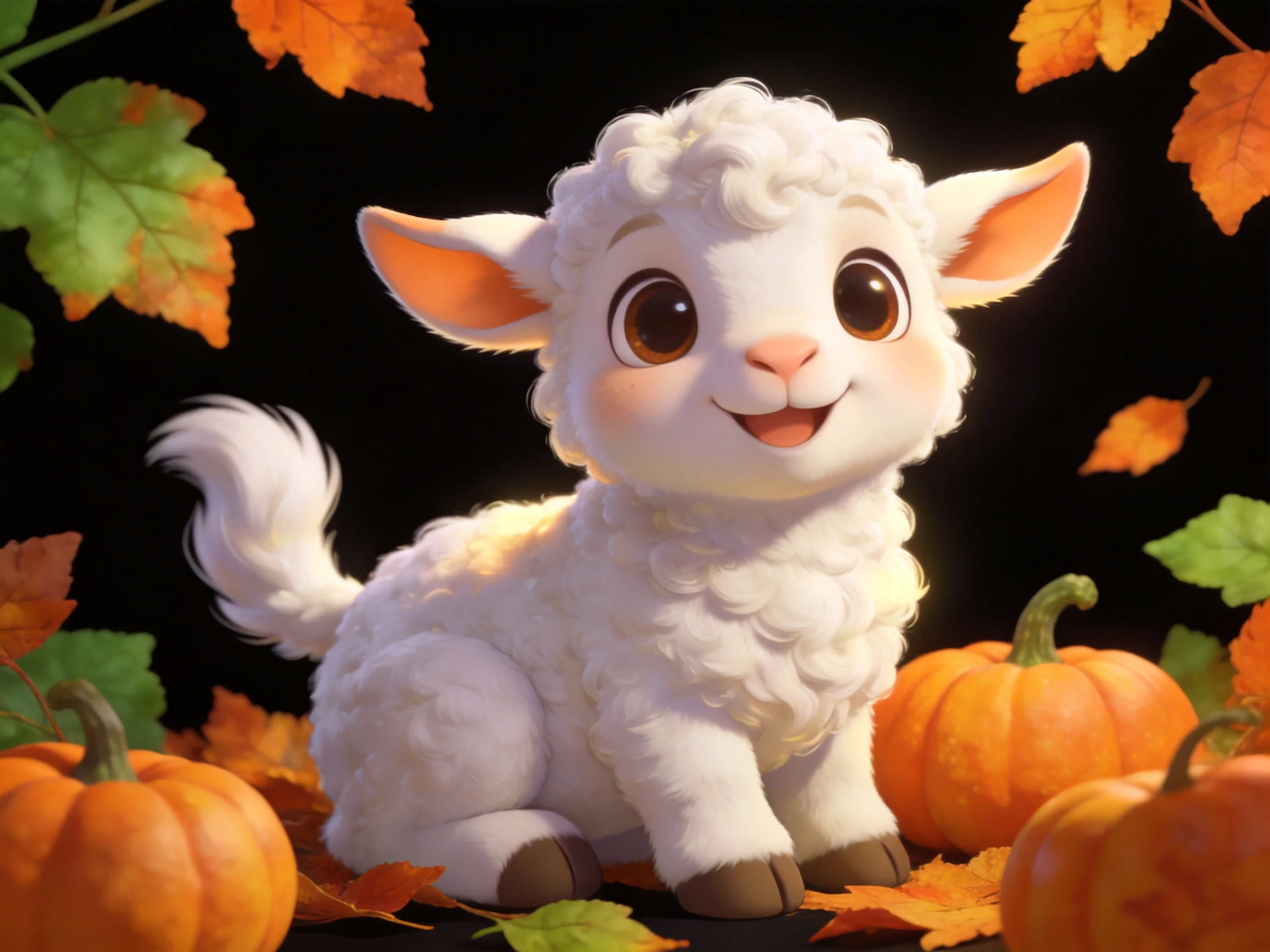 A fluffy white lamb near orange pumpkins and autumn leaves