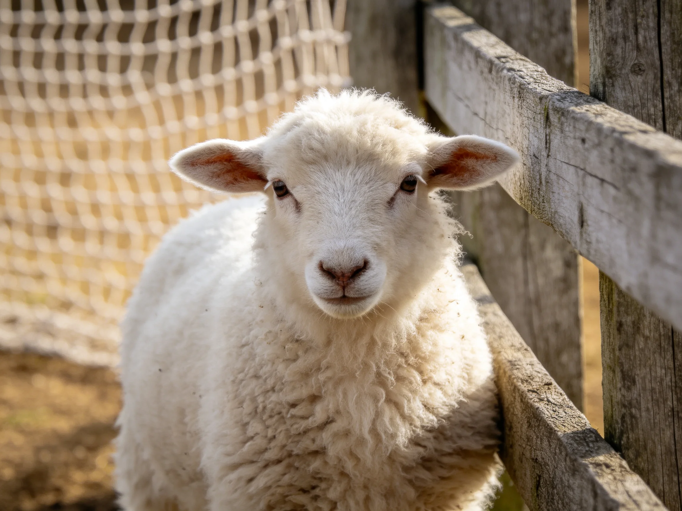 A fluffy white lamb near weathered wood fencing and netting