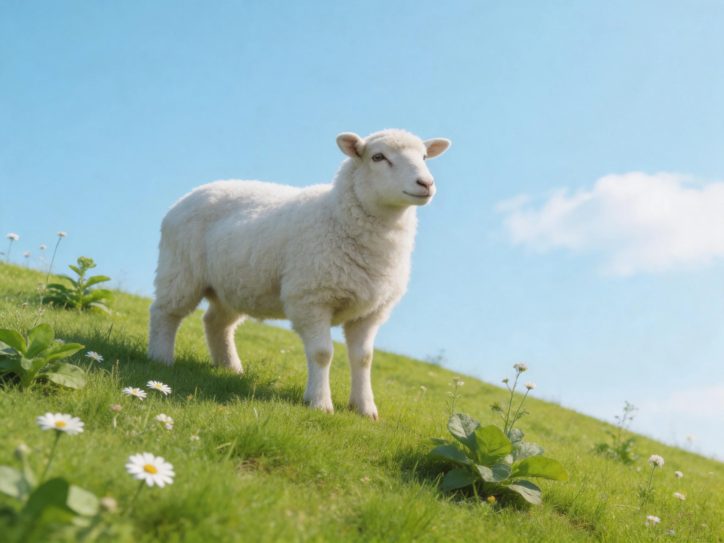 A fluffy white lamb on a green hillside with wildflowers under blue sky