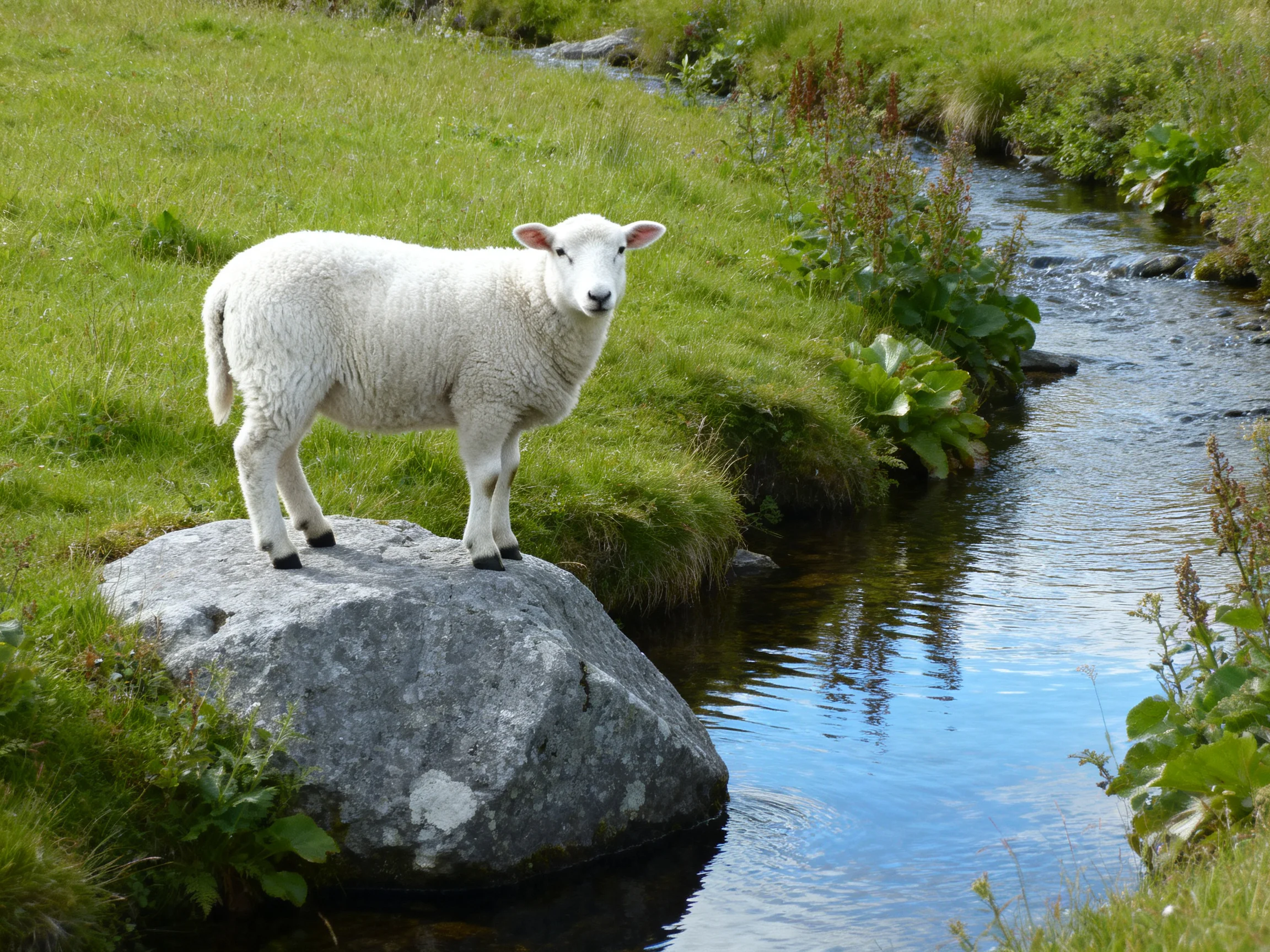 A fluffy white lamb on a large gray rock by a clear stream