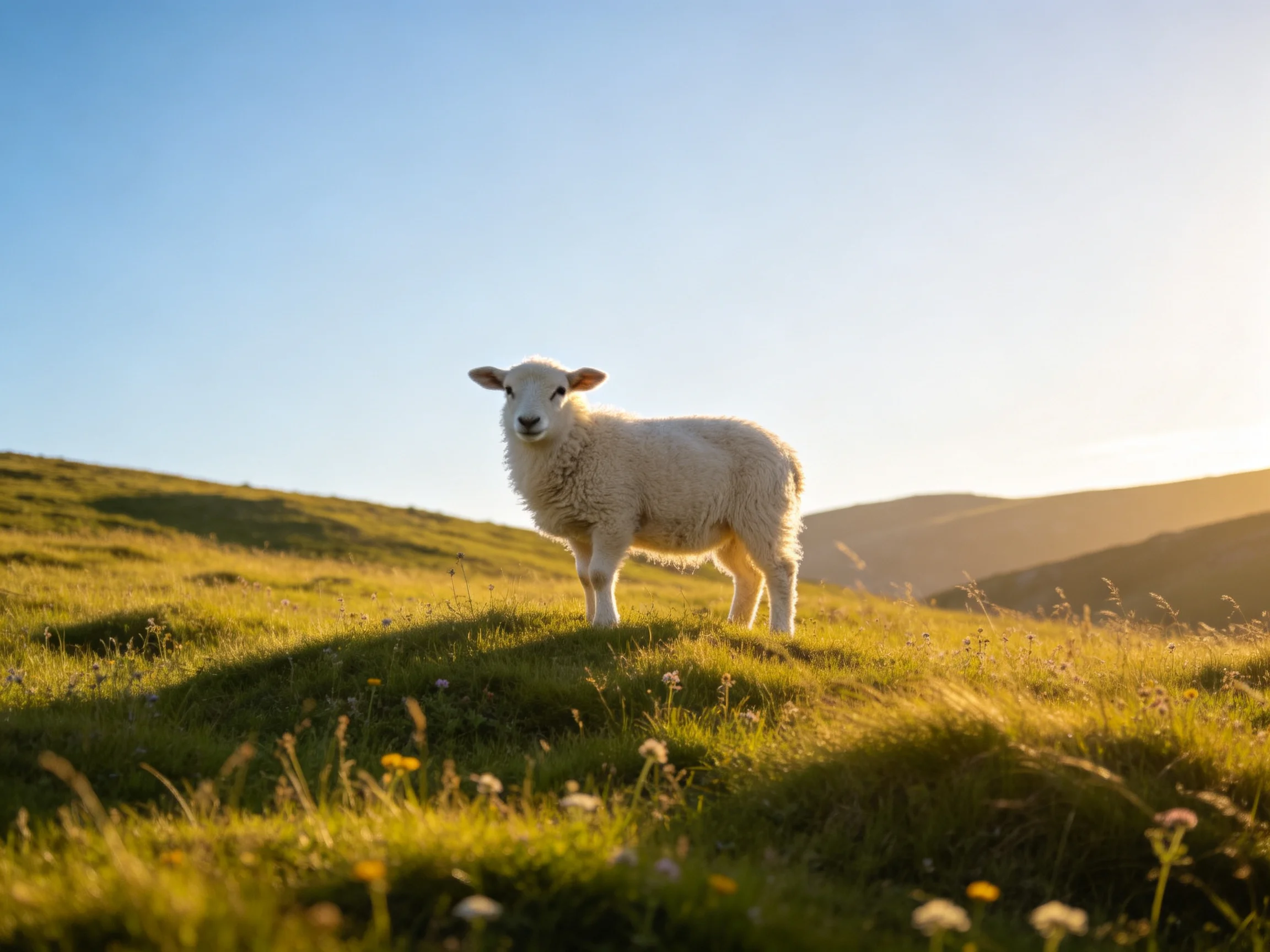 A fluffy white lamb on a sun-drenched green hillside