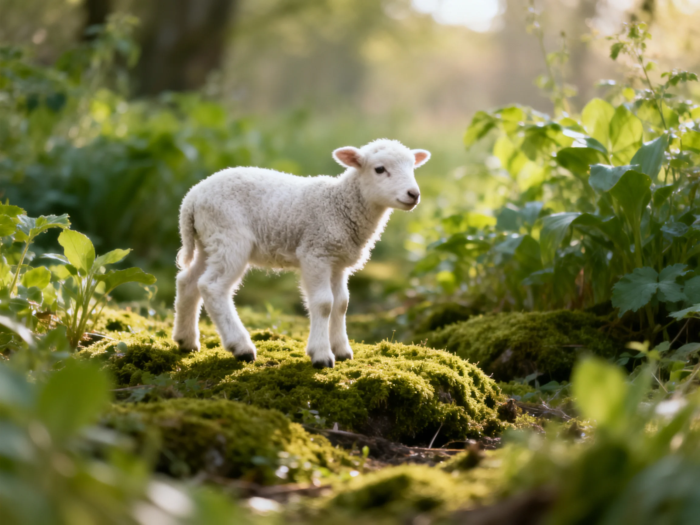 A fluffy white lamb on emerald moss in lush greenery