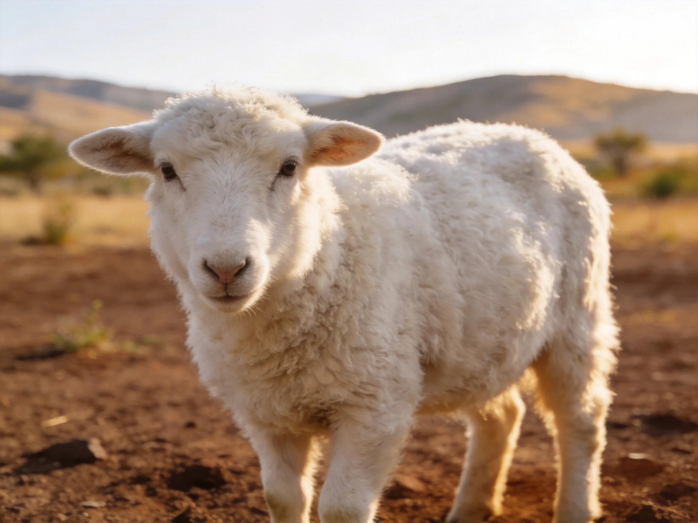 A fluffy white lamb on reddish dirt near rolling hills