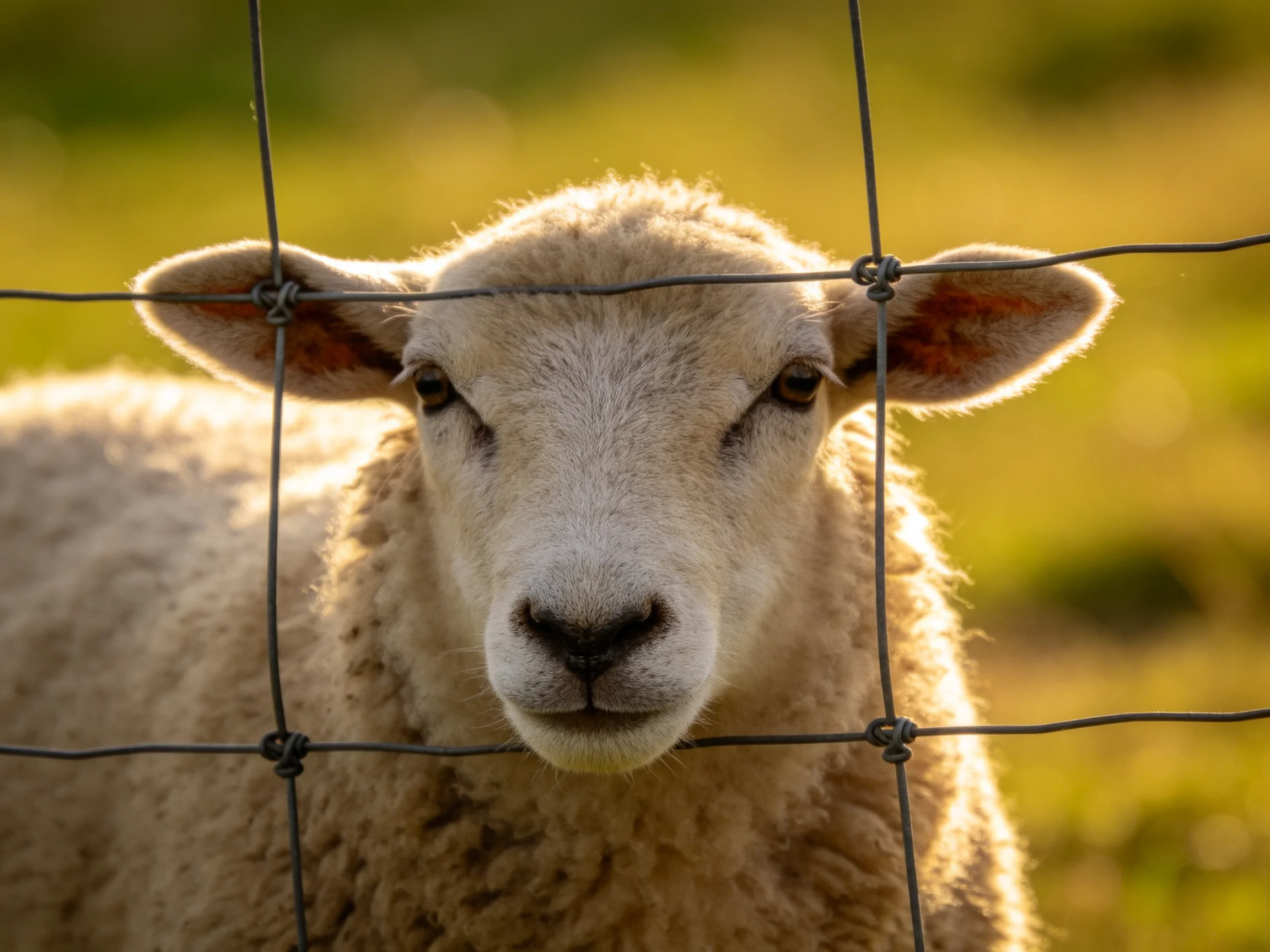 A fluffy white lamb peering through a wire fence in a sunlit meadow