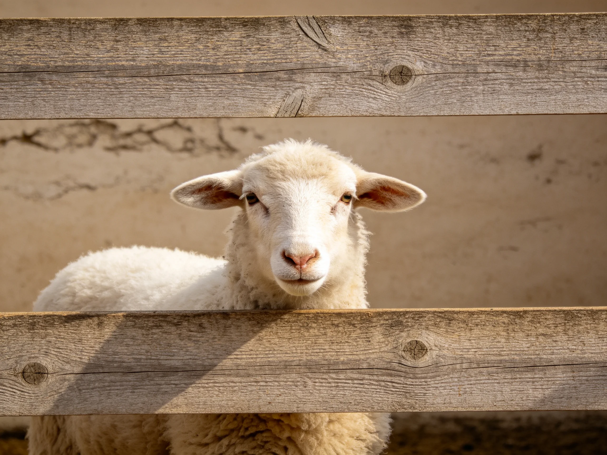 A fluffy white lamb peers through aged brown wooden slats