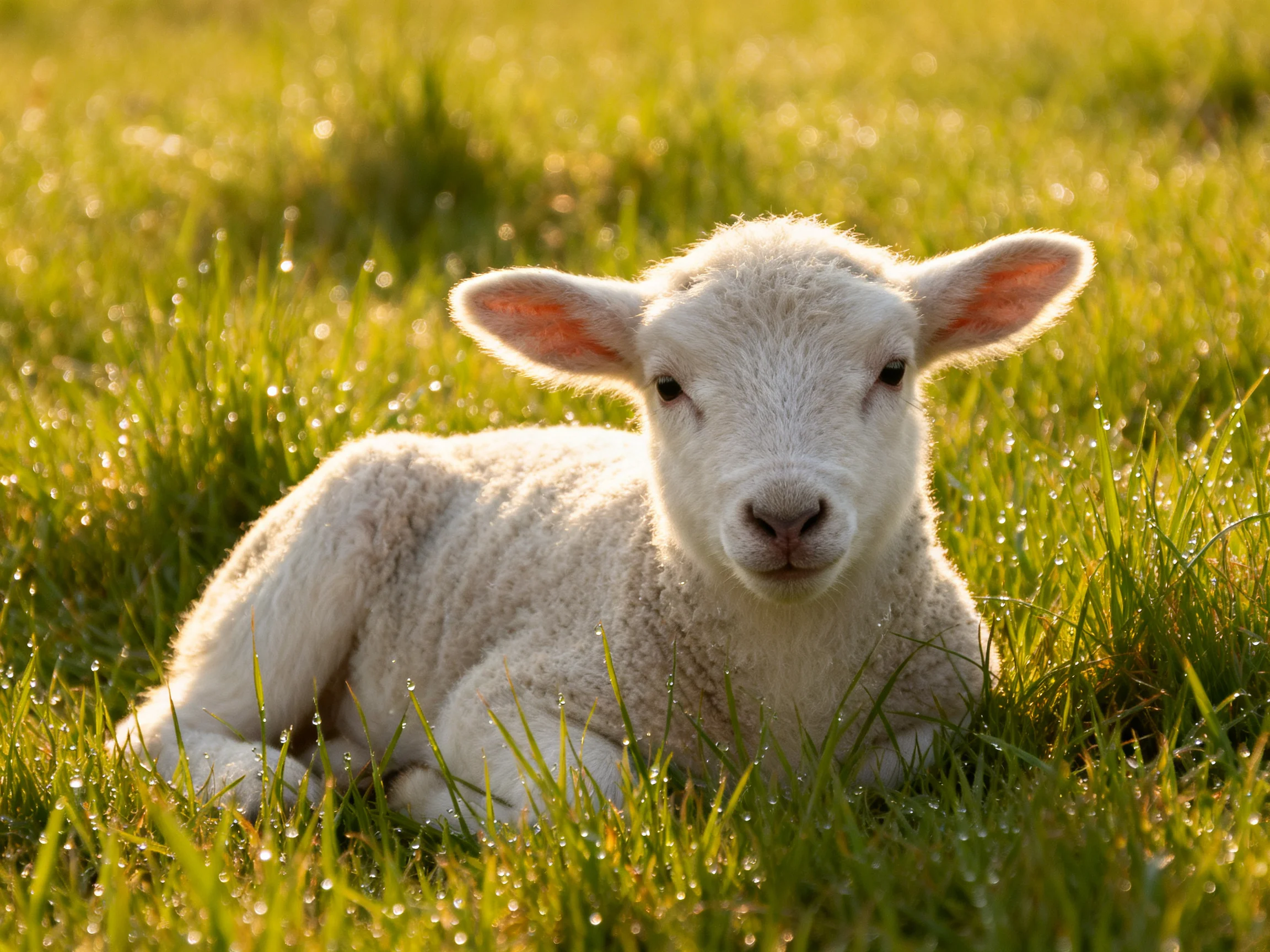 A fluffy white lamb resting amid dewy green grass