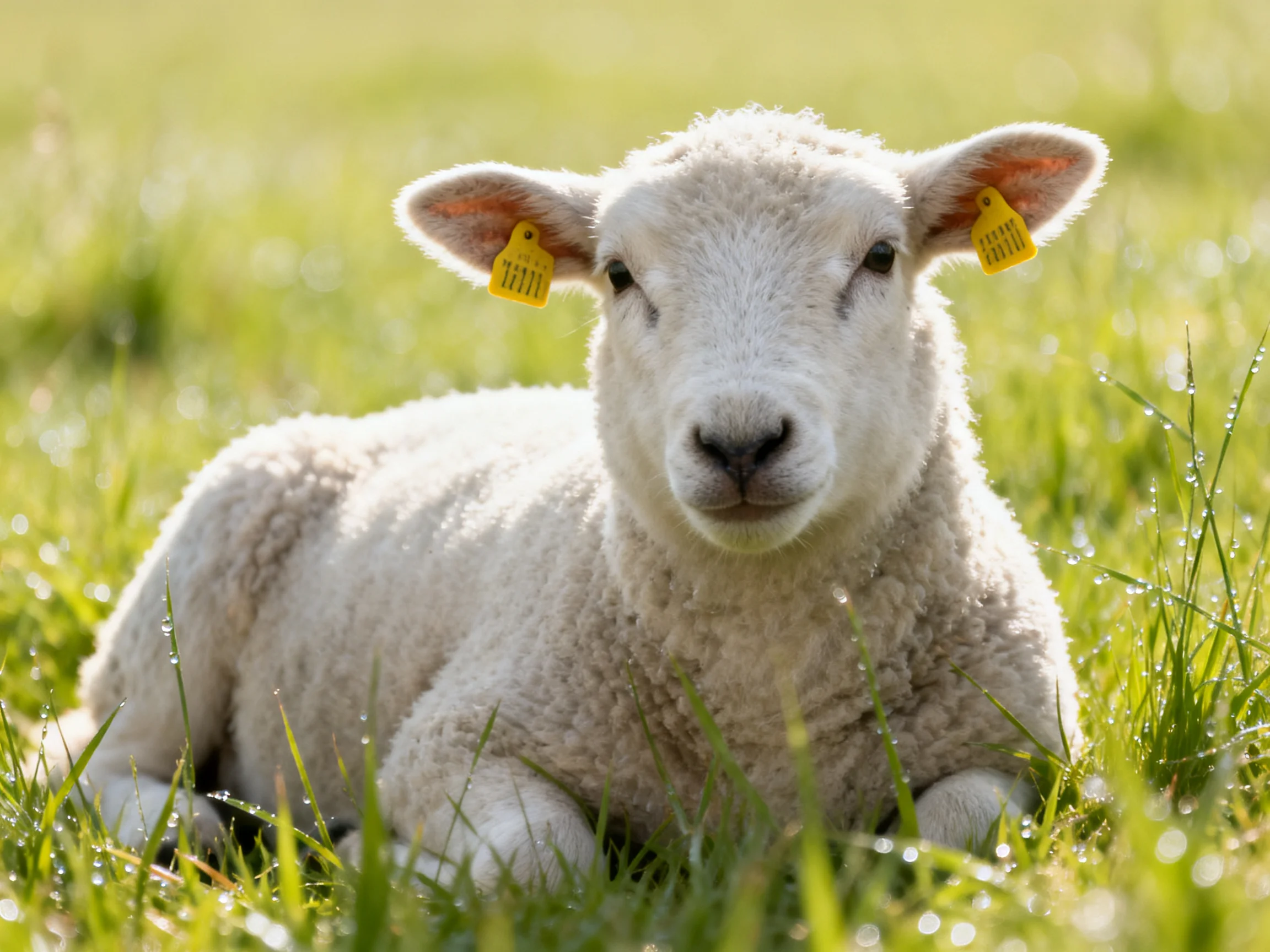 A fluffy white lamb resting amid dewy green grass
