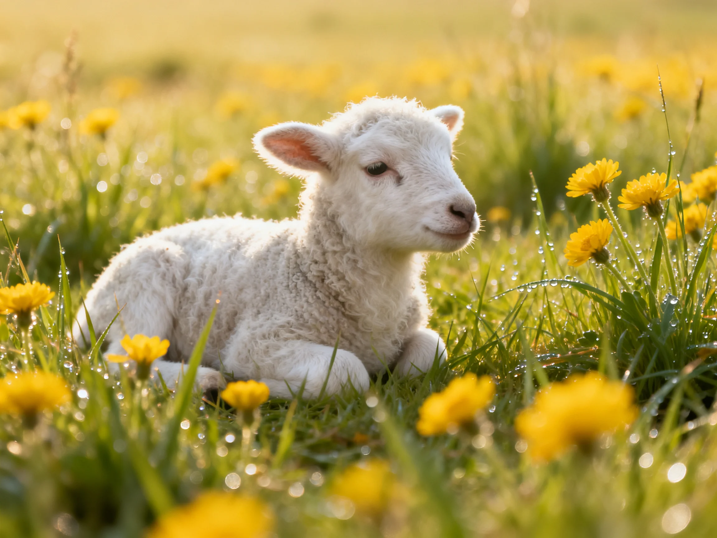 A fluffy white lamb resting among bright yellow dandelions
