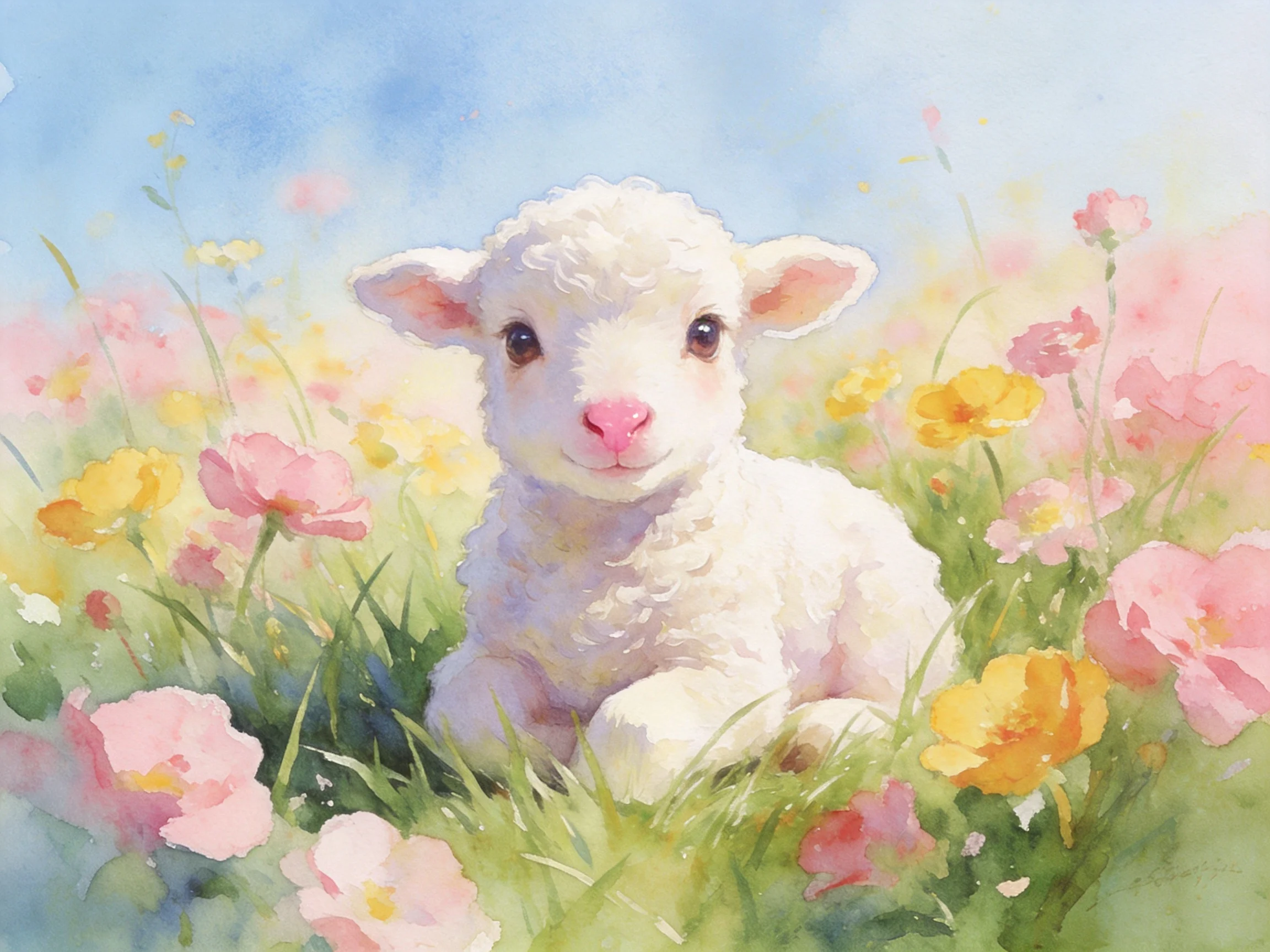 A fluffy white lamb resting among colorful wildflowers