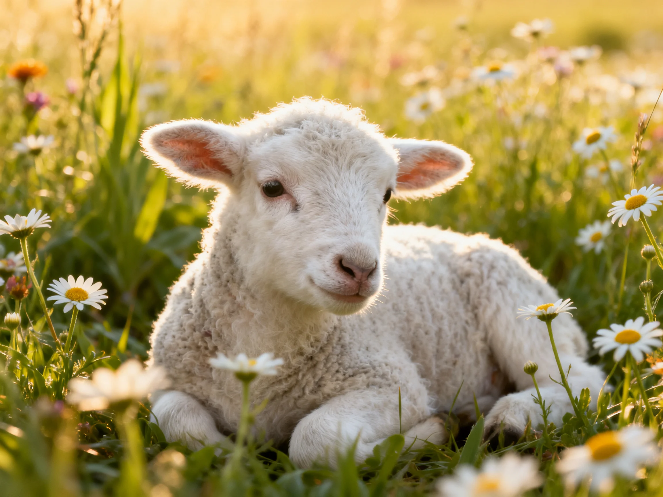 A fluffy white lamb resting among daisies and wildflowers