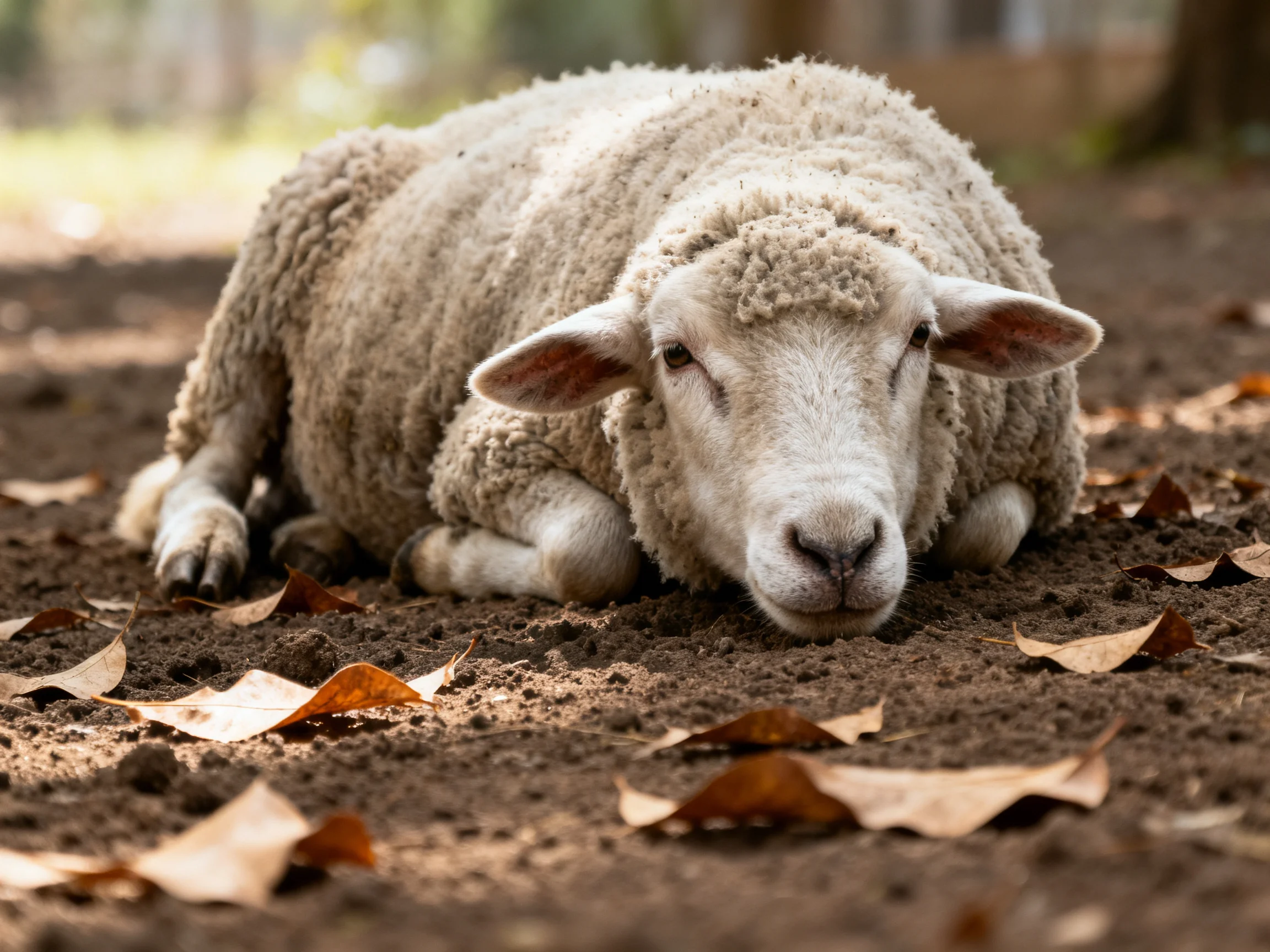 A fluffy white lamb resting among scattered brown autumn leaves