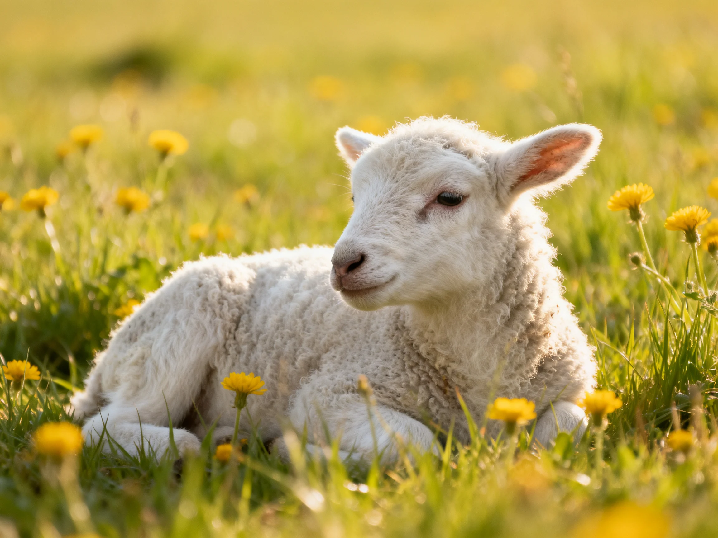 A fluffy white lamb resting among vibrant yellow dandelions