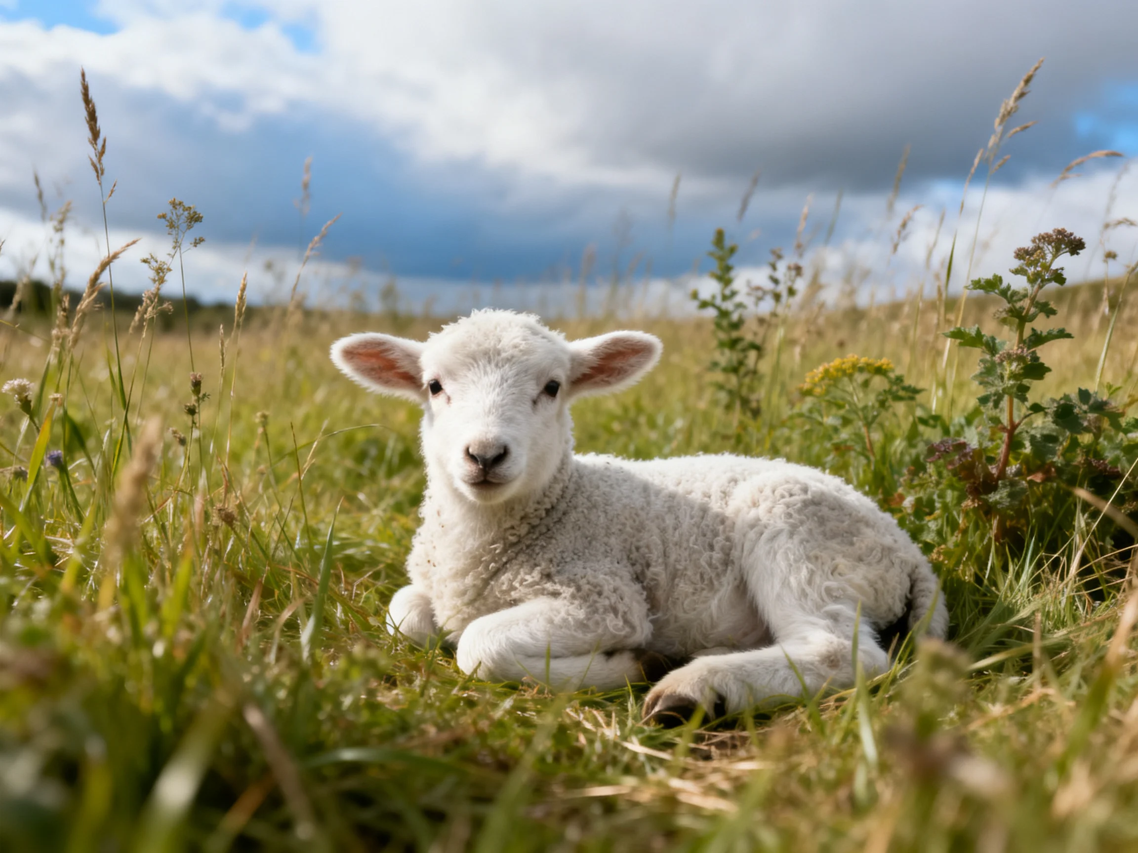 A fluffy white lamb resting in a lush green meadow