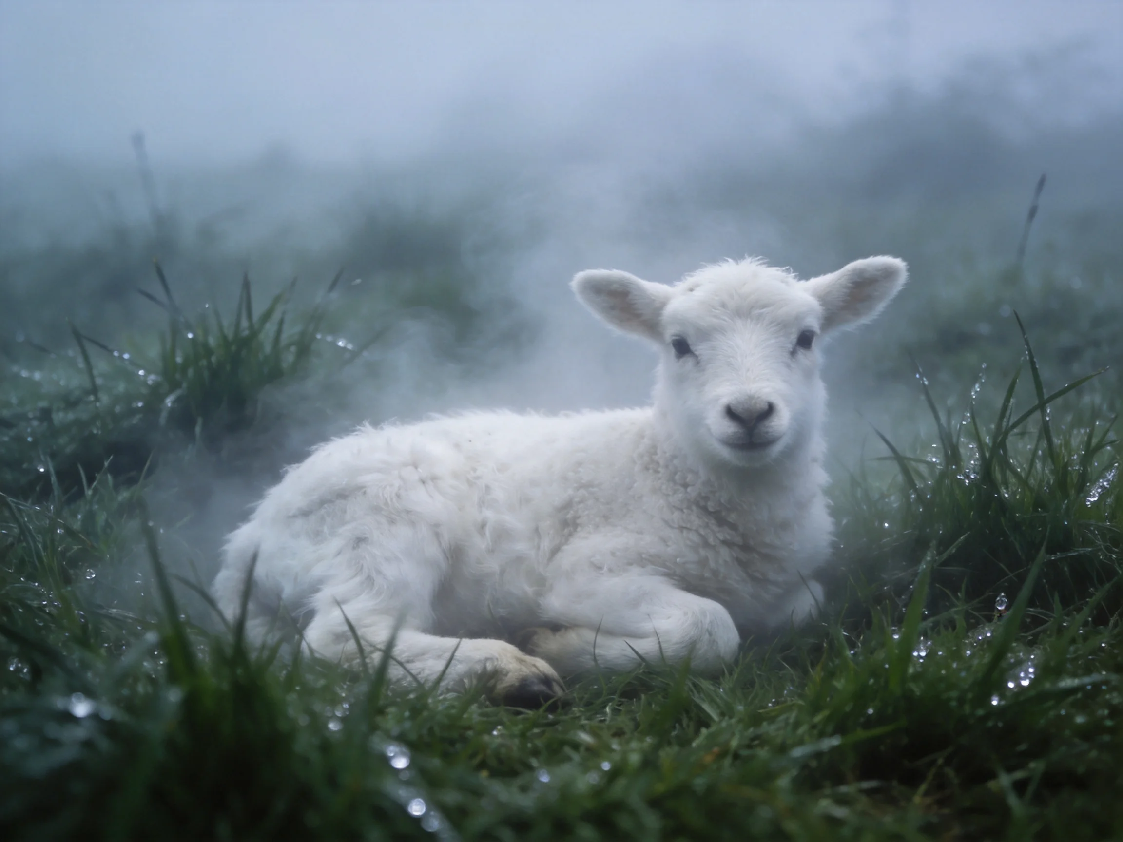 A fluffy white lamb resting in a misty green meadow