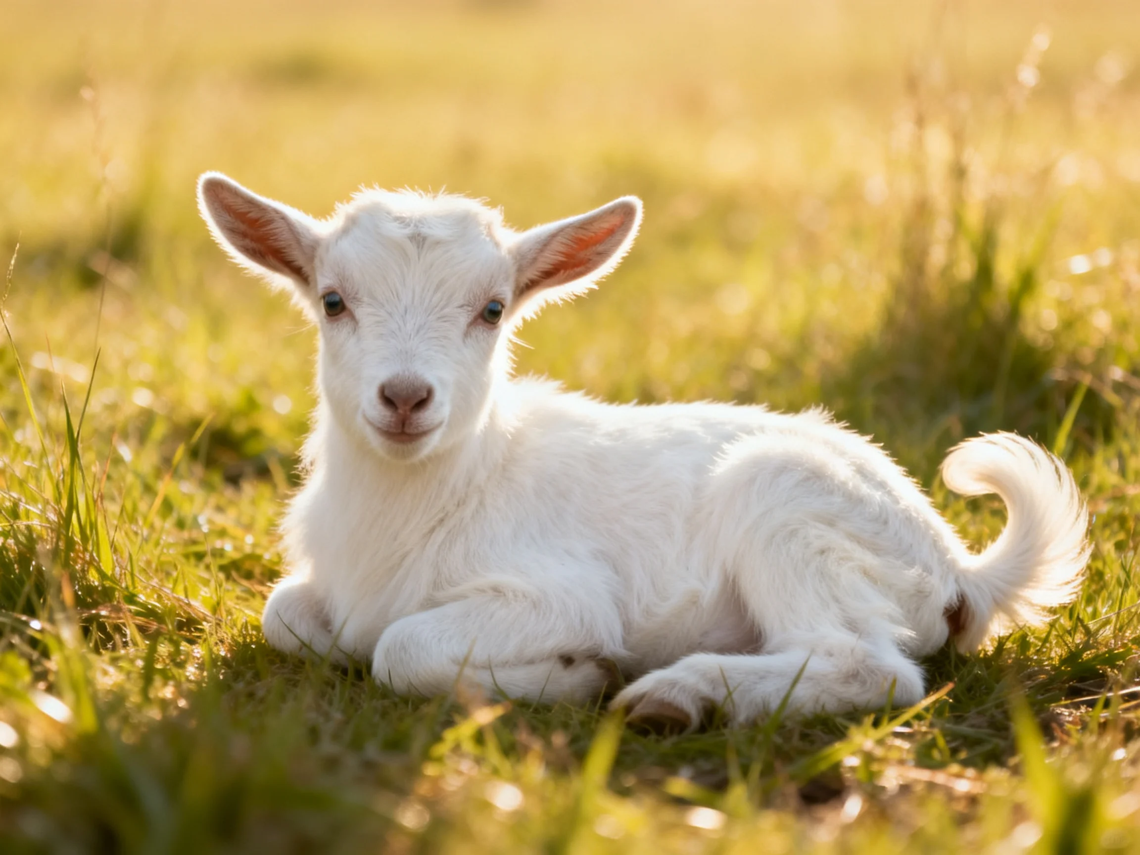 A fluffy white lamb resting in a sunlit grassy field