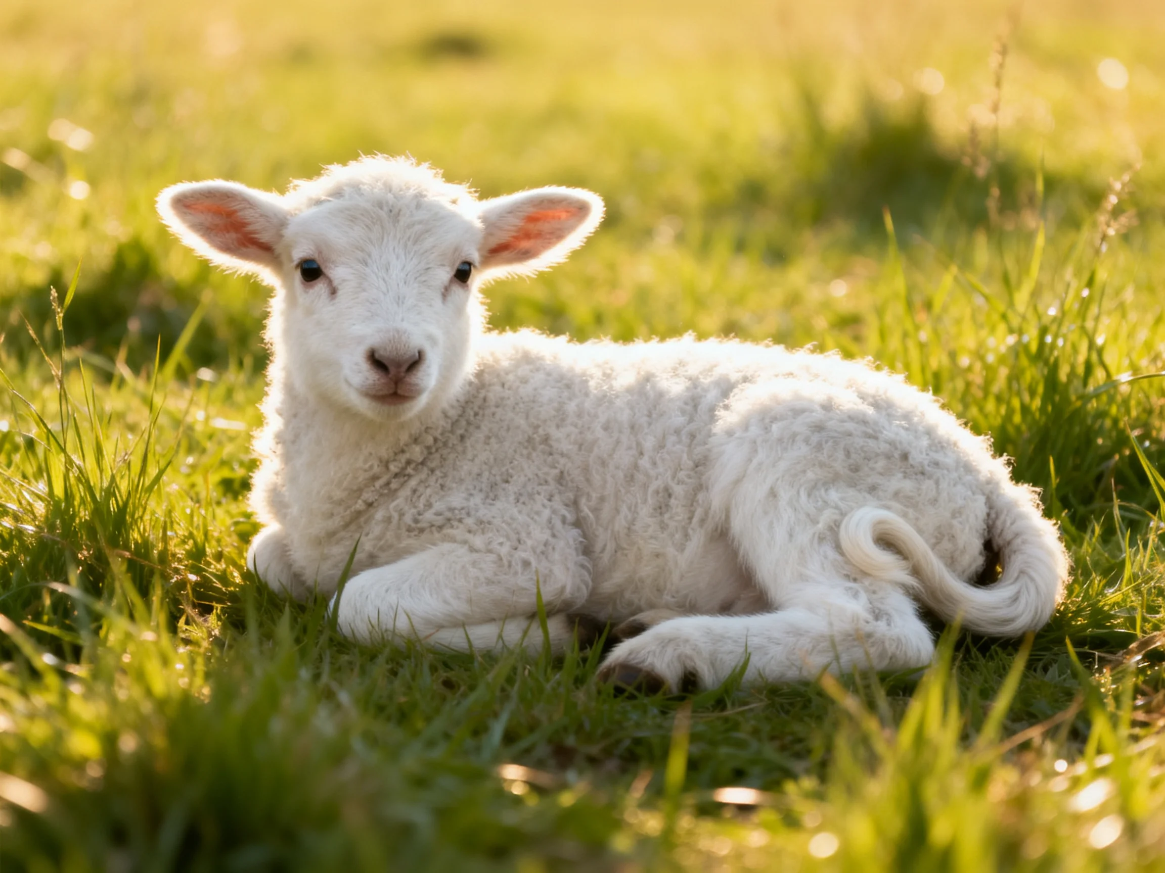 A fluffy white lamb resting in a sunlit grassy field