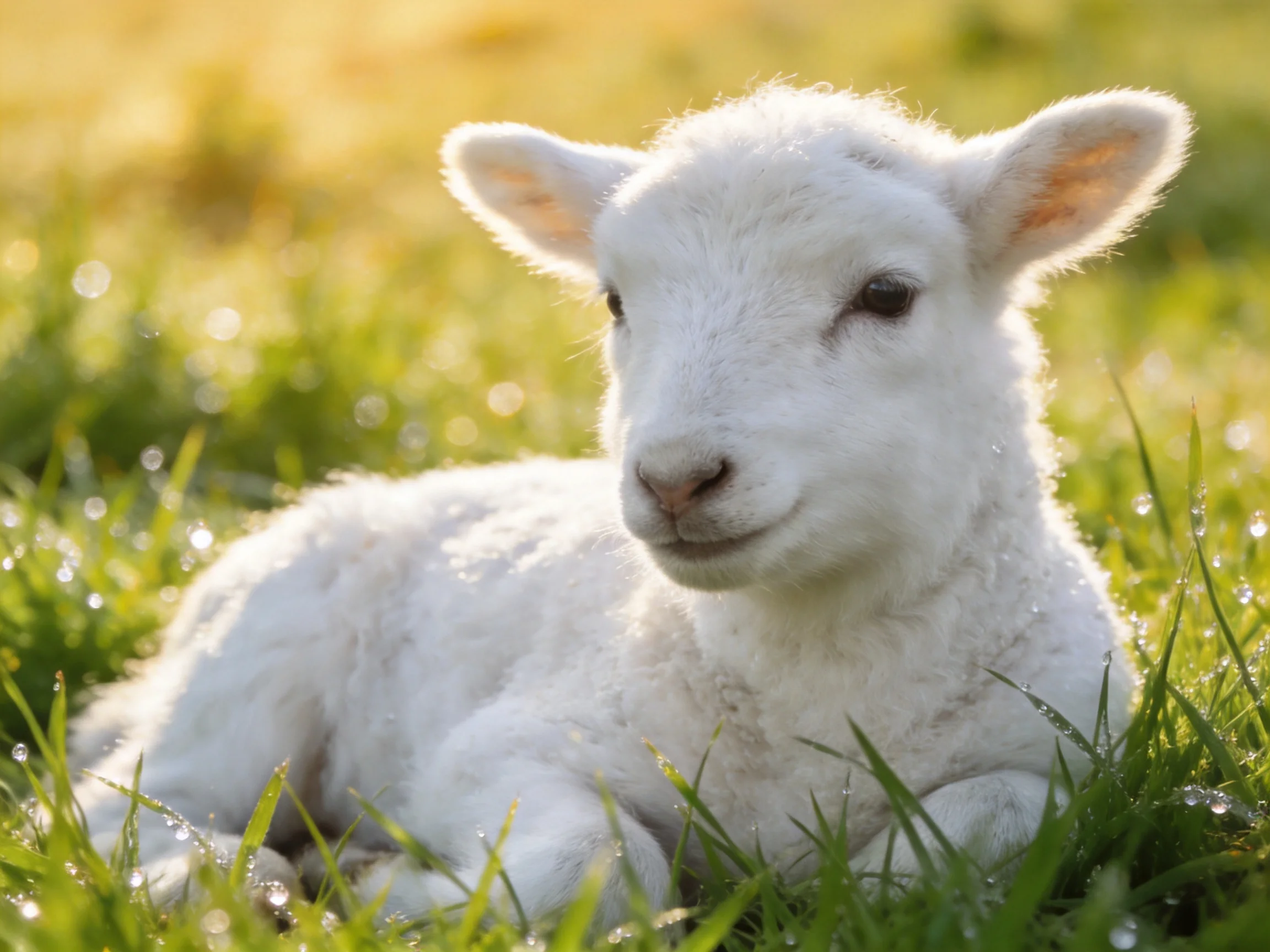 A fluffy white lamb resting in dewy green grass under golden sunlight