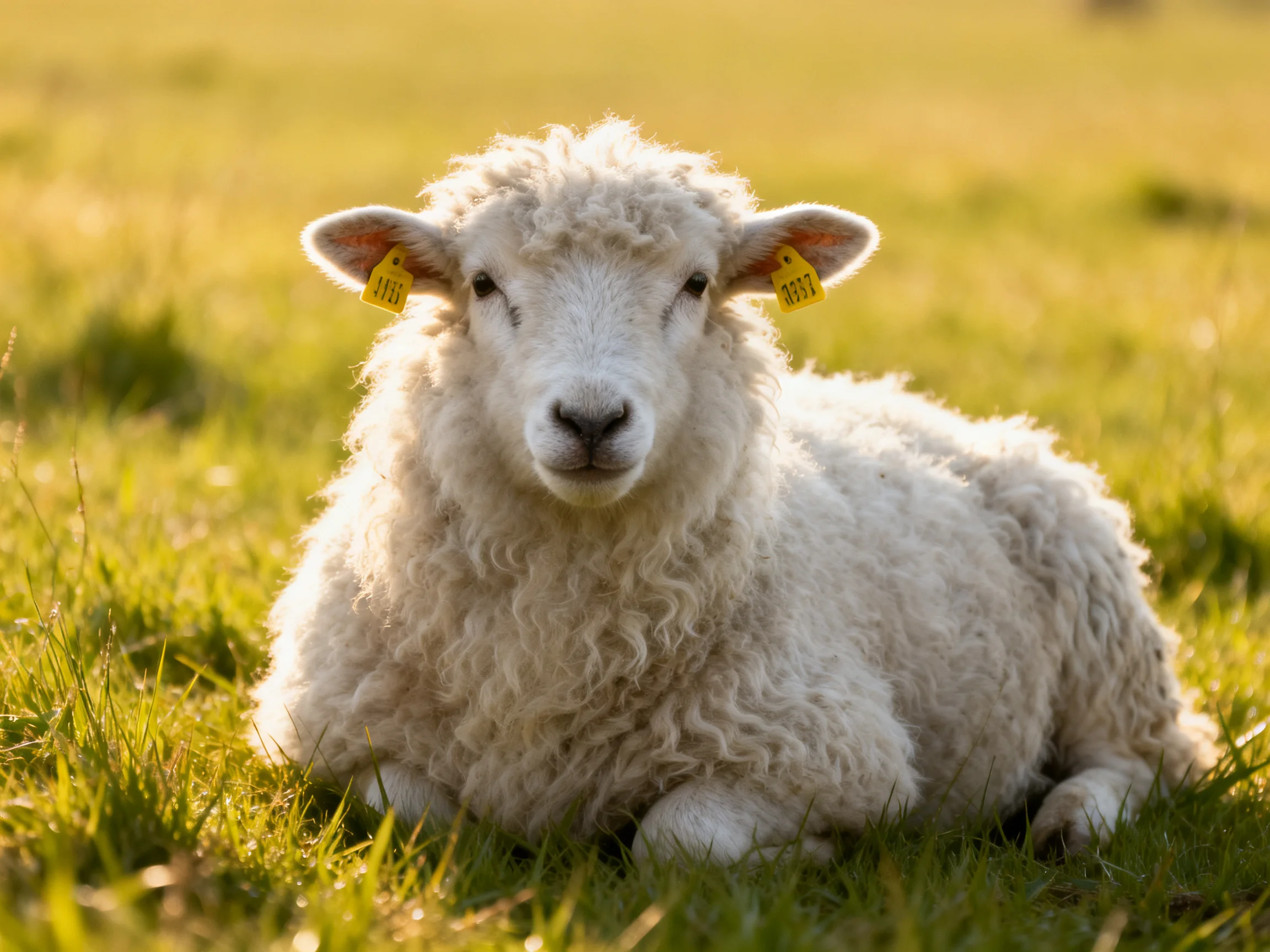 A fluffy white lamb resting in golden-green grass