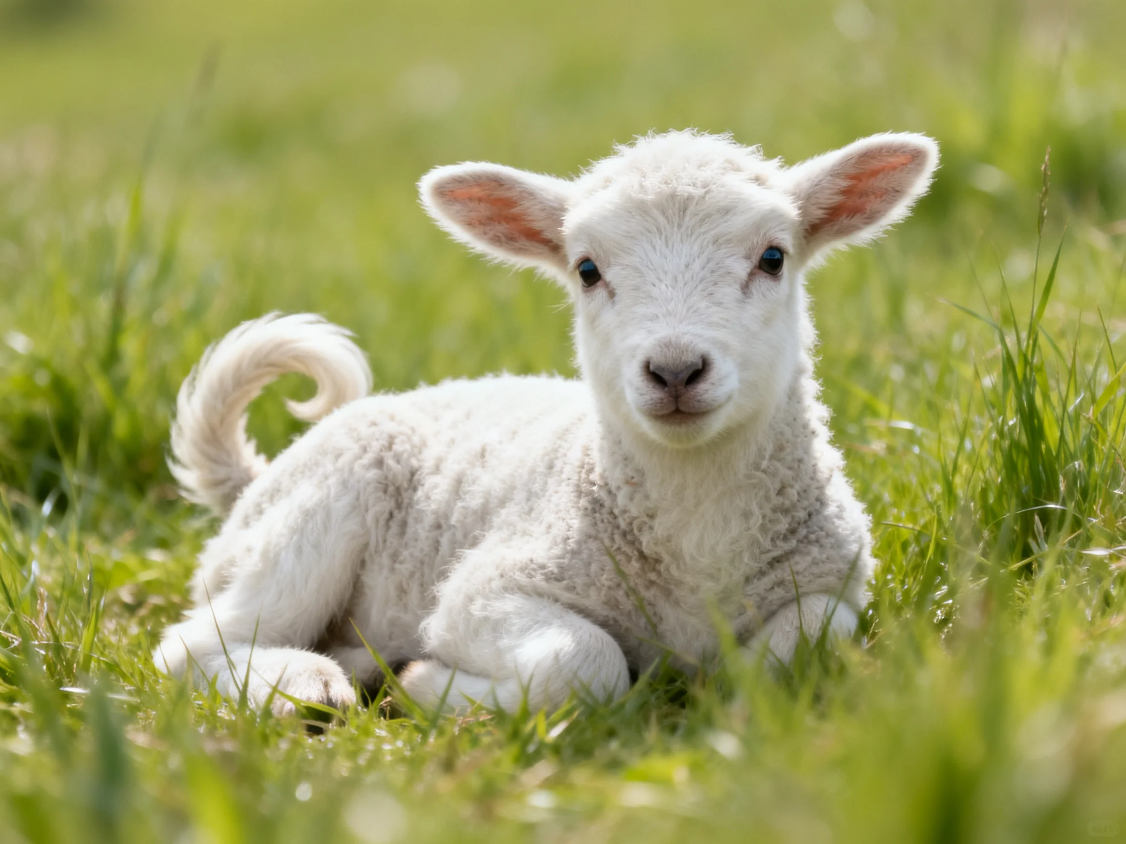 A fluffy white lamb resting in lush green grass