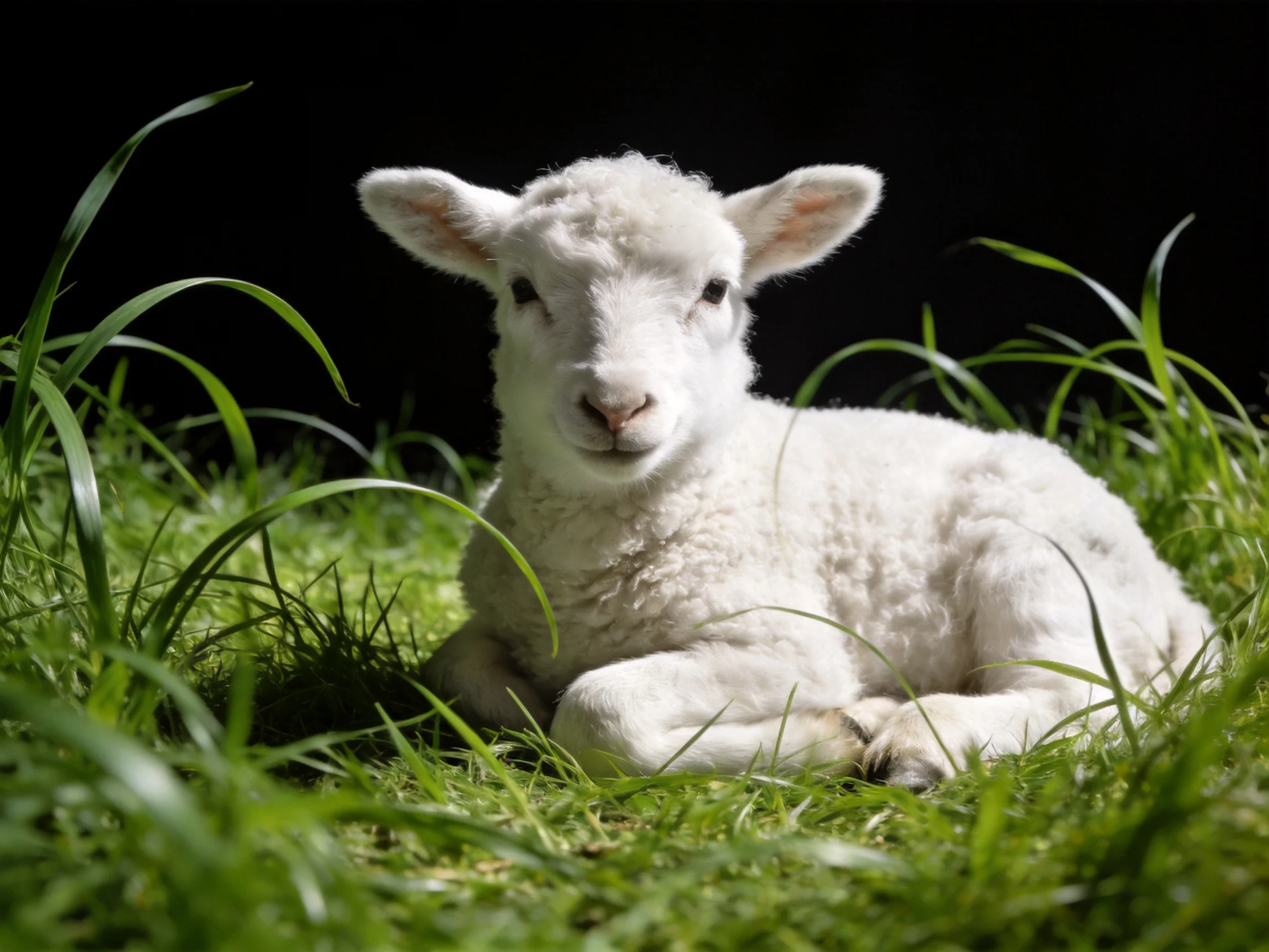 A fluffy white lamb resting in lush green grass against a black backdrop