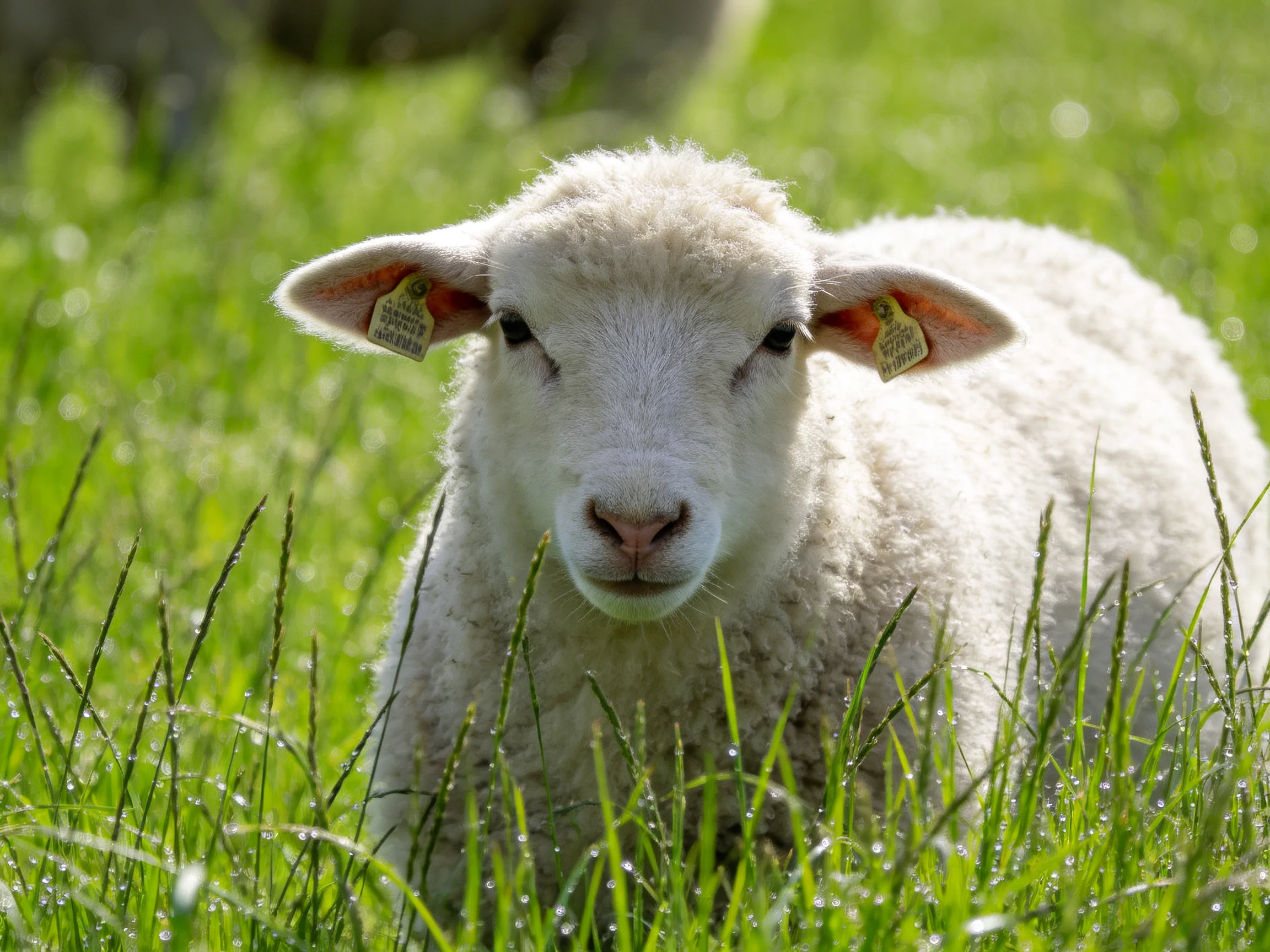 A fluffy white lamb rests peacefully among tall green grass.